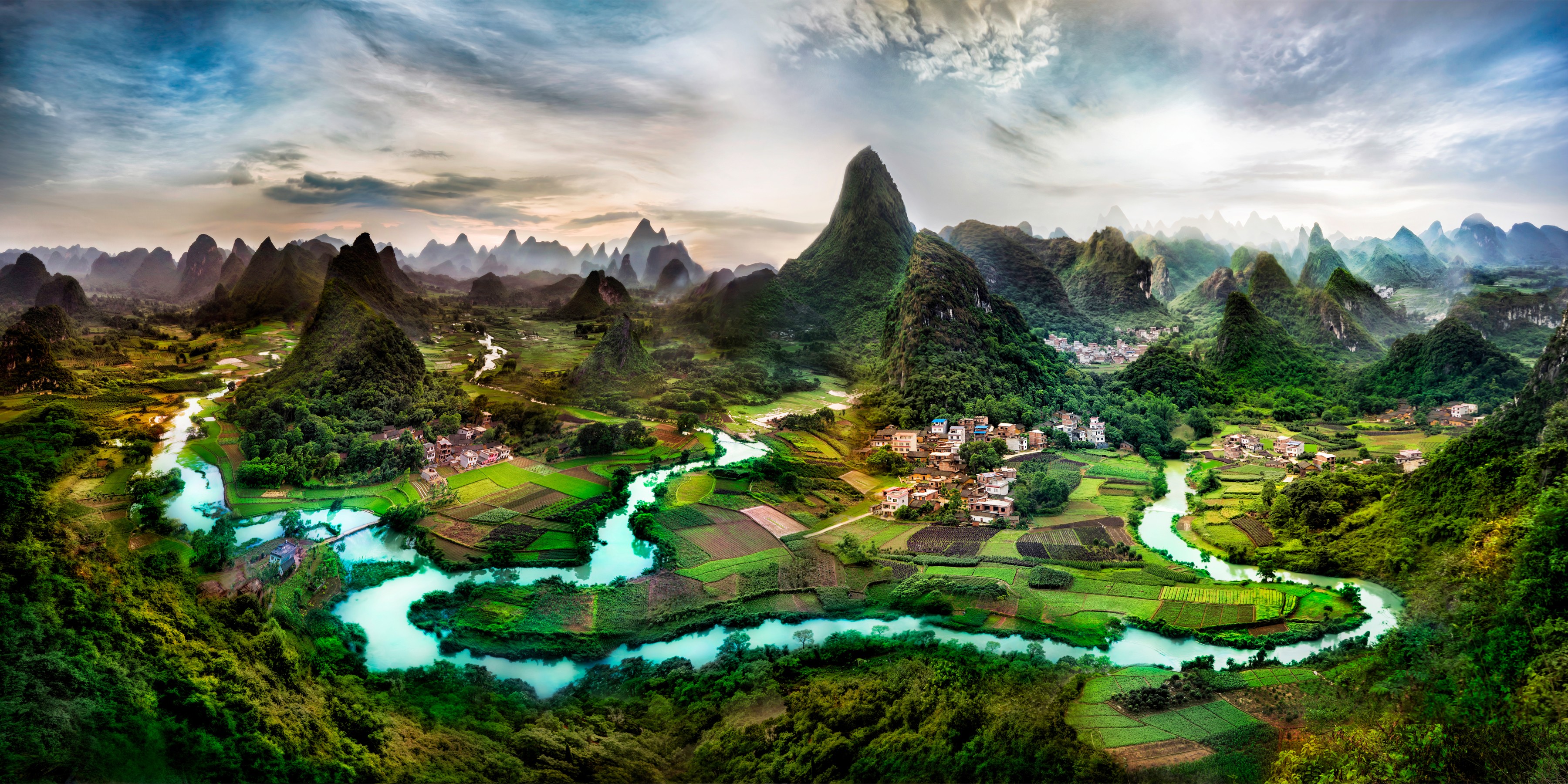 General 3600x1800 digital art landscape China Asia nature panorama rocks field river