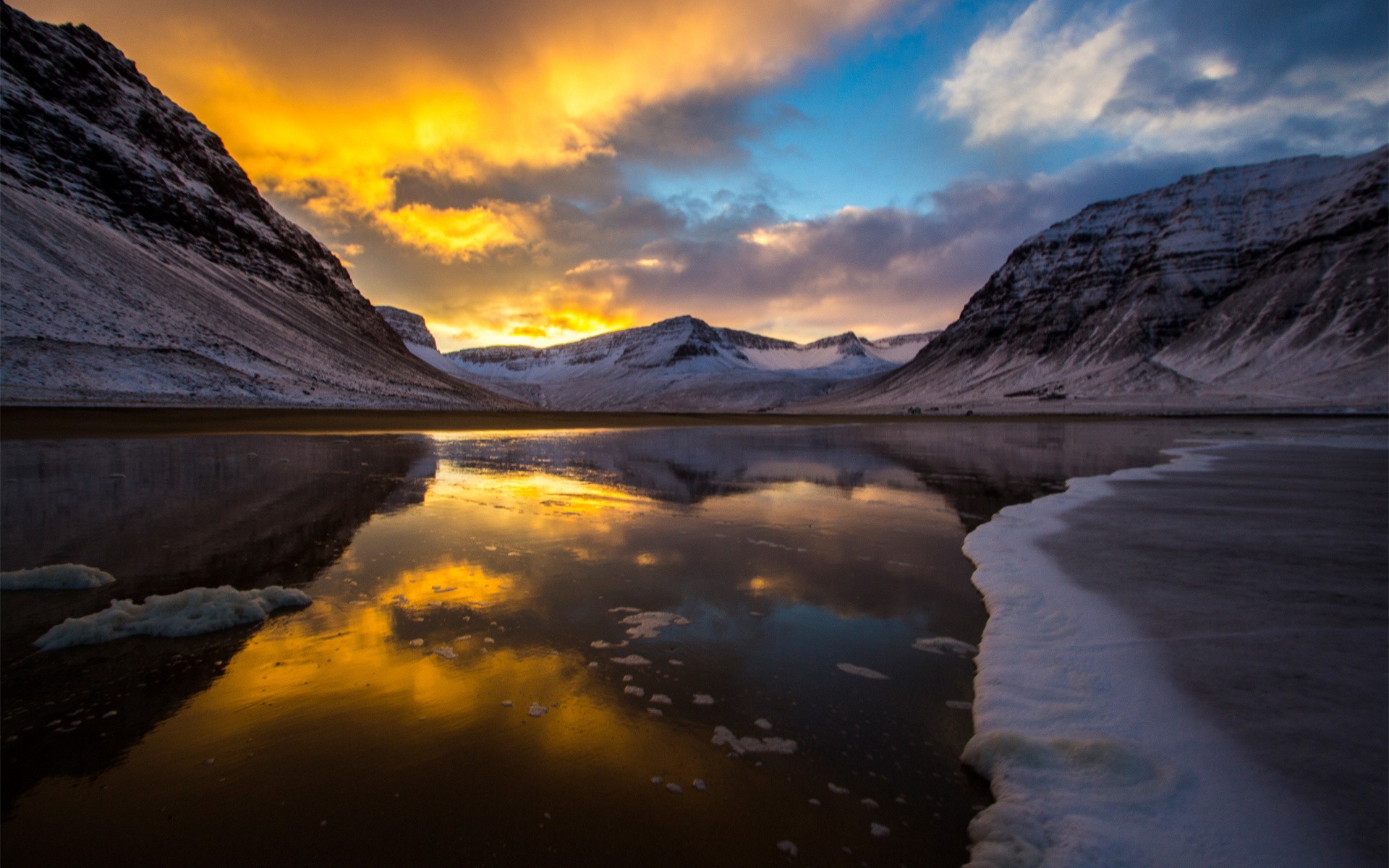 General 1920x1200 nature landscape lake ice sunset mountains cold reflection sky sunlight