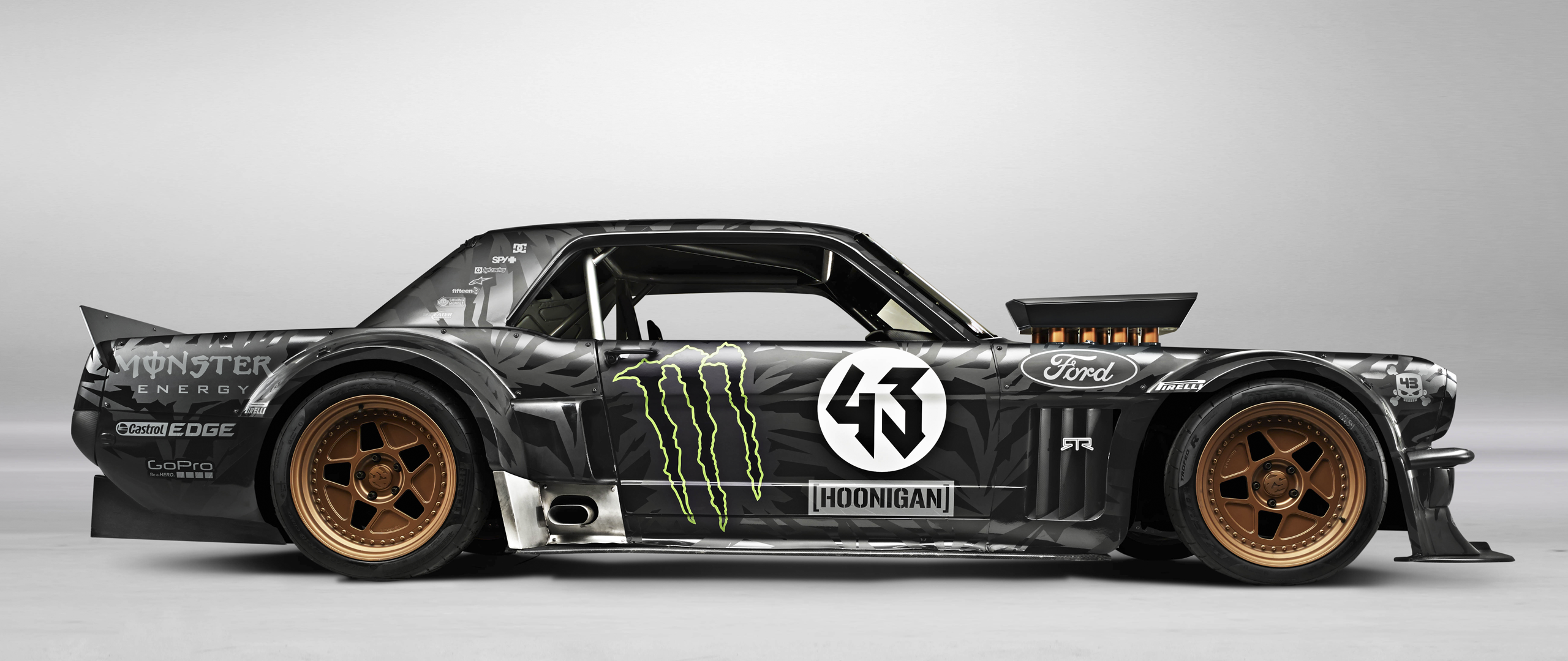 General 2560x1080 Ford Mustang drift Ken Block side view Ford black cars simple background gray background gradient vehicle livery American cars supercharger