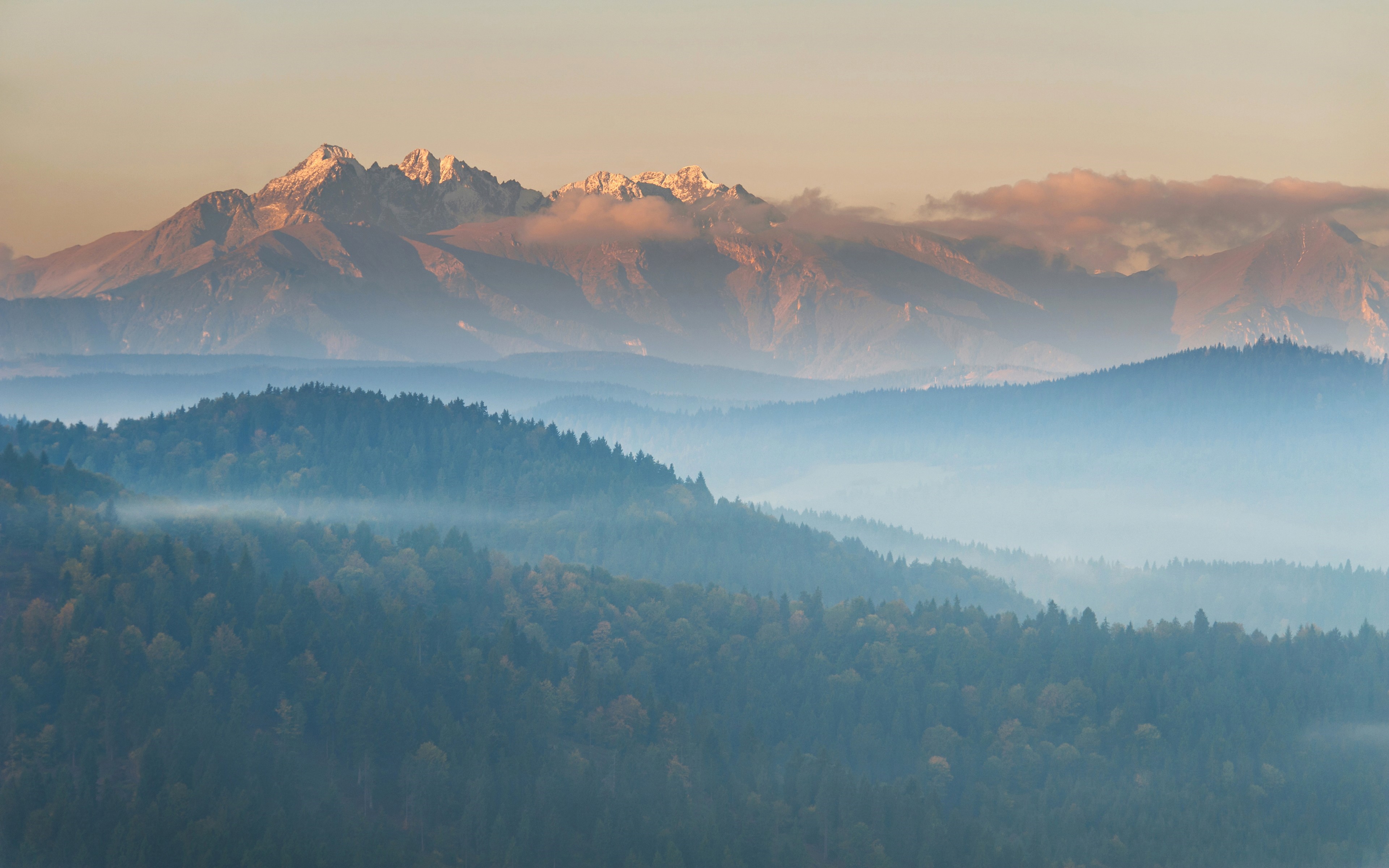 General 3840x2400 mist mountains sunset forest Poland Tatra Mountains