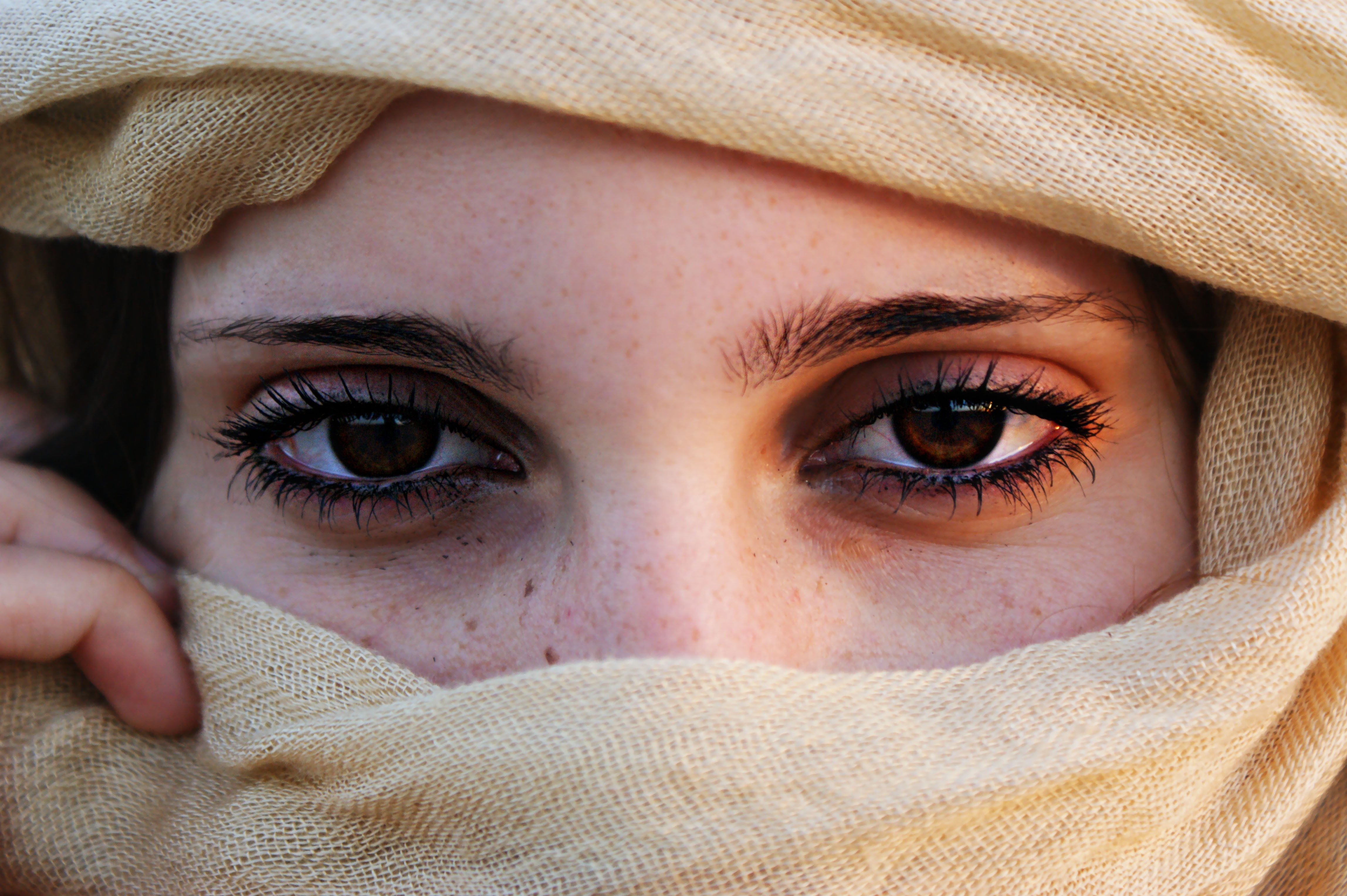 People 4592x3056 face eyes women brown eyes closeup Muslim freckles looking at viewer