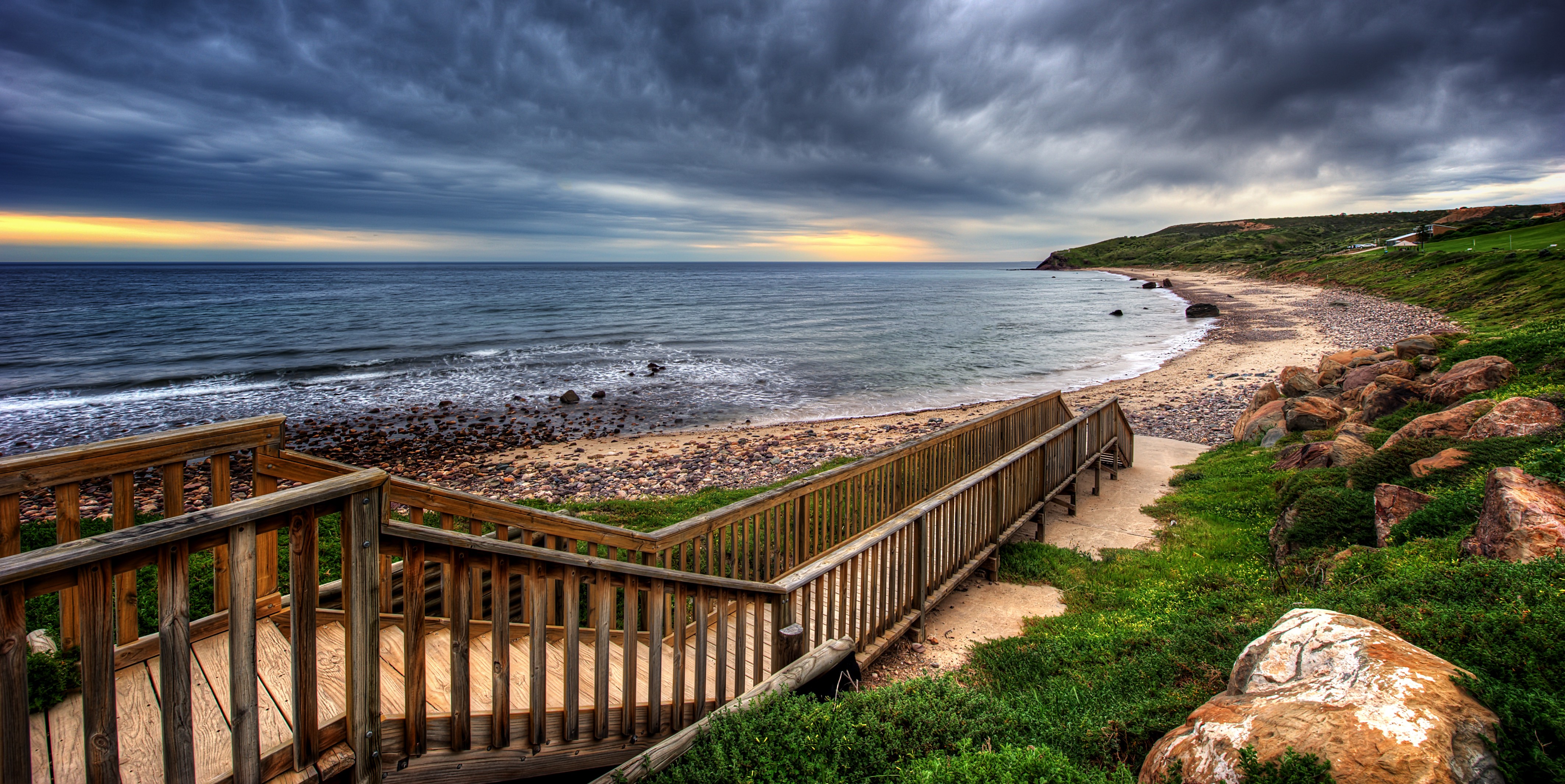 General 4253x2132 nature HDR coast sea stairs landscape sky clouds stones rocks
