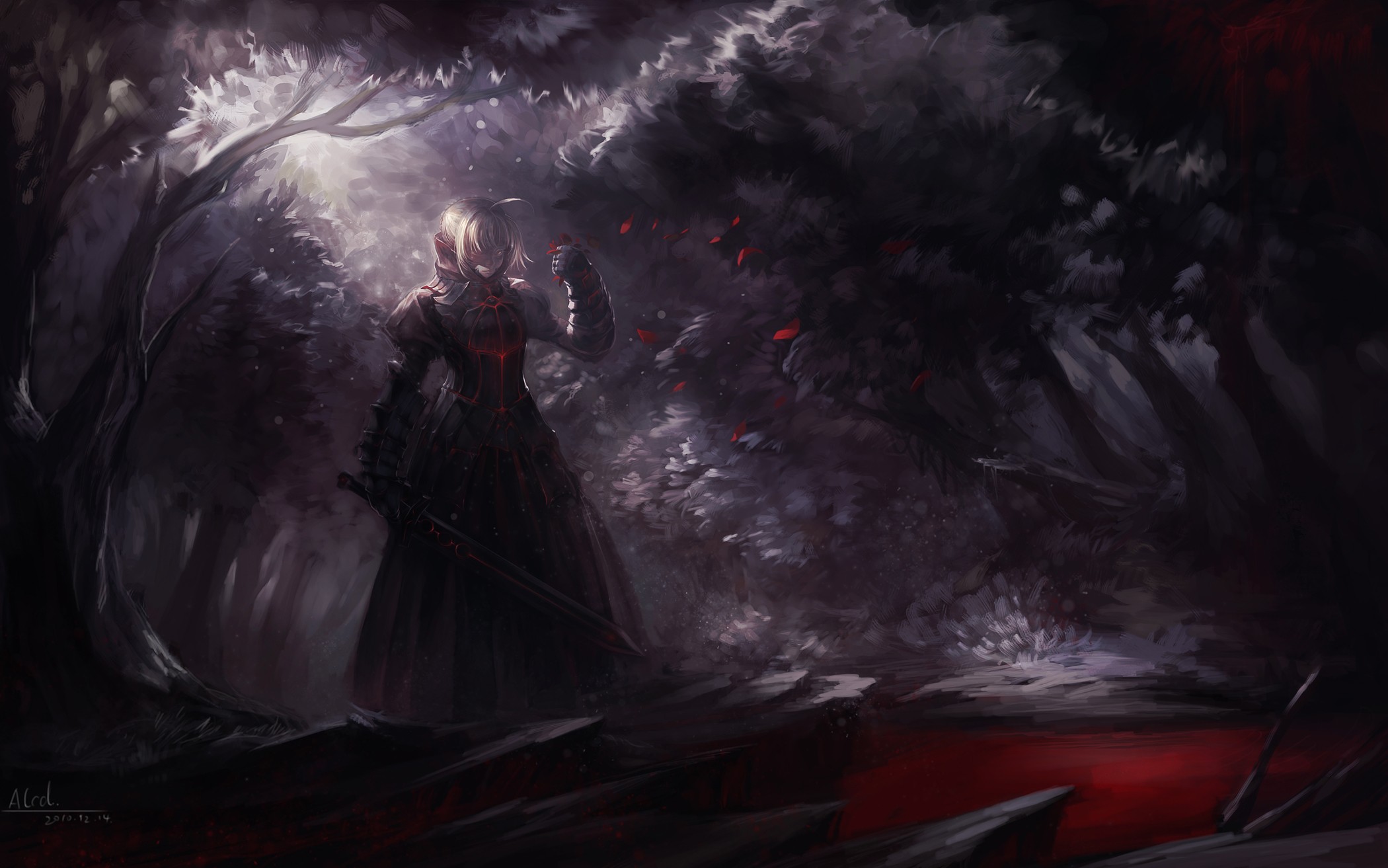 Anime 2100x1313 anime anime girls Fate series Saber Alter Fate/Stay Night fantasy art alcd 2D black armor female warrior ahoge long hair red petals women with swords Excalibur fate/stay night: heaven's feel forest Artoria Pendragon hair in face armor fan art