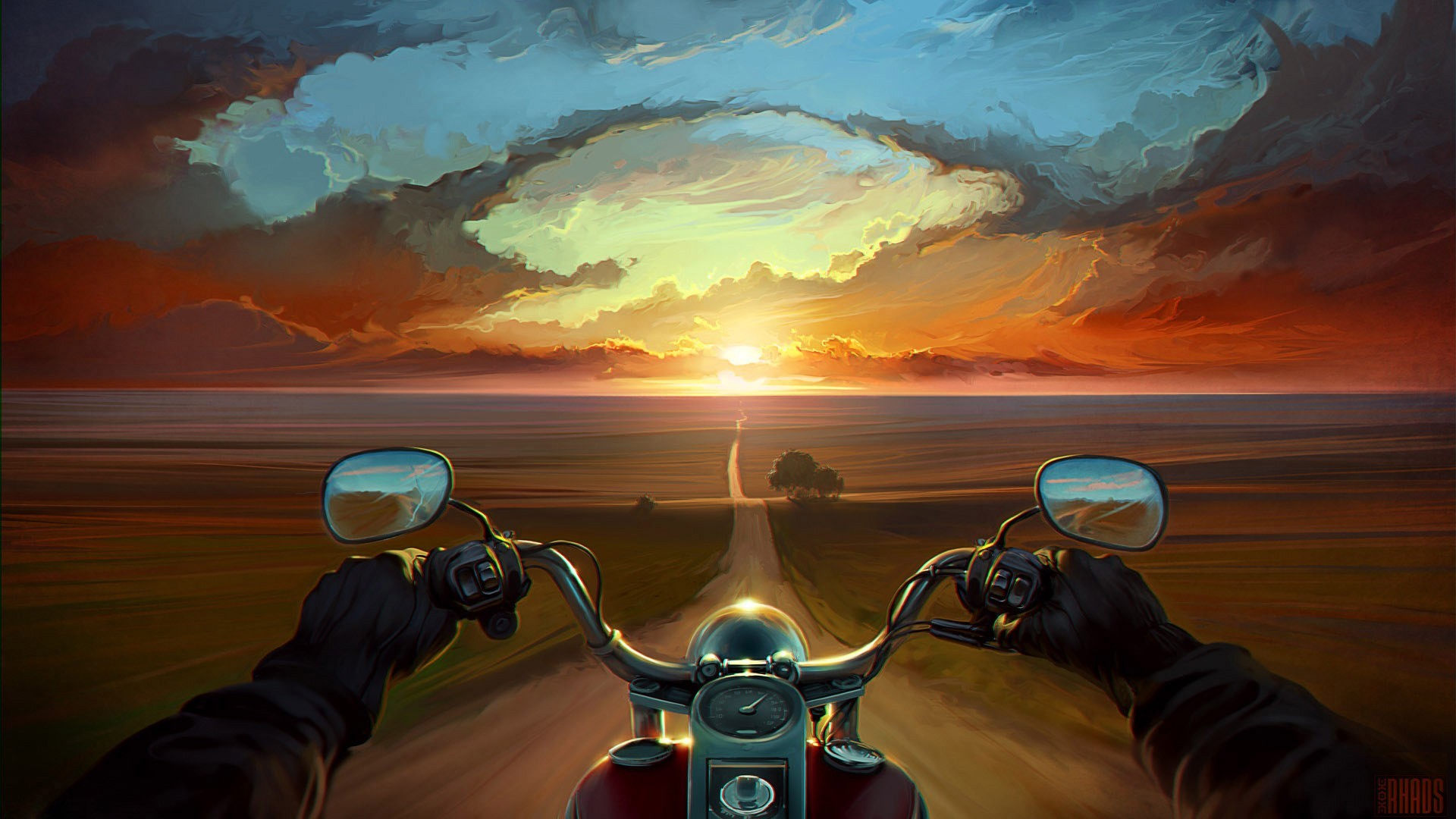 General 1920x1080 digital art landscape sunset sky road painting motorcycle horizon artwork vehicle biker mirror reflection field POV Artem Chebokha