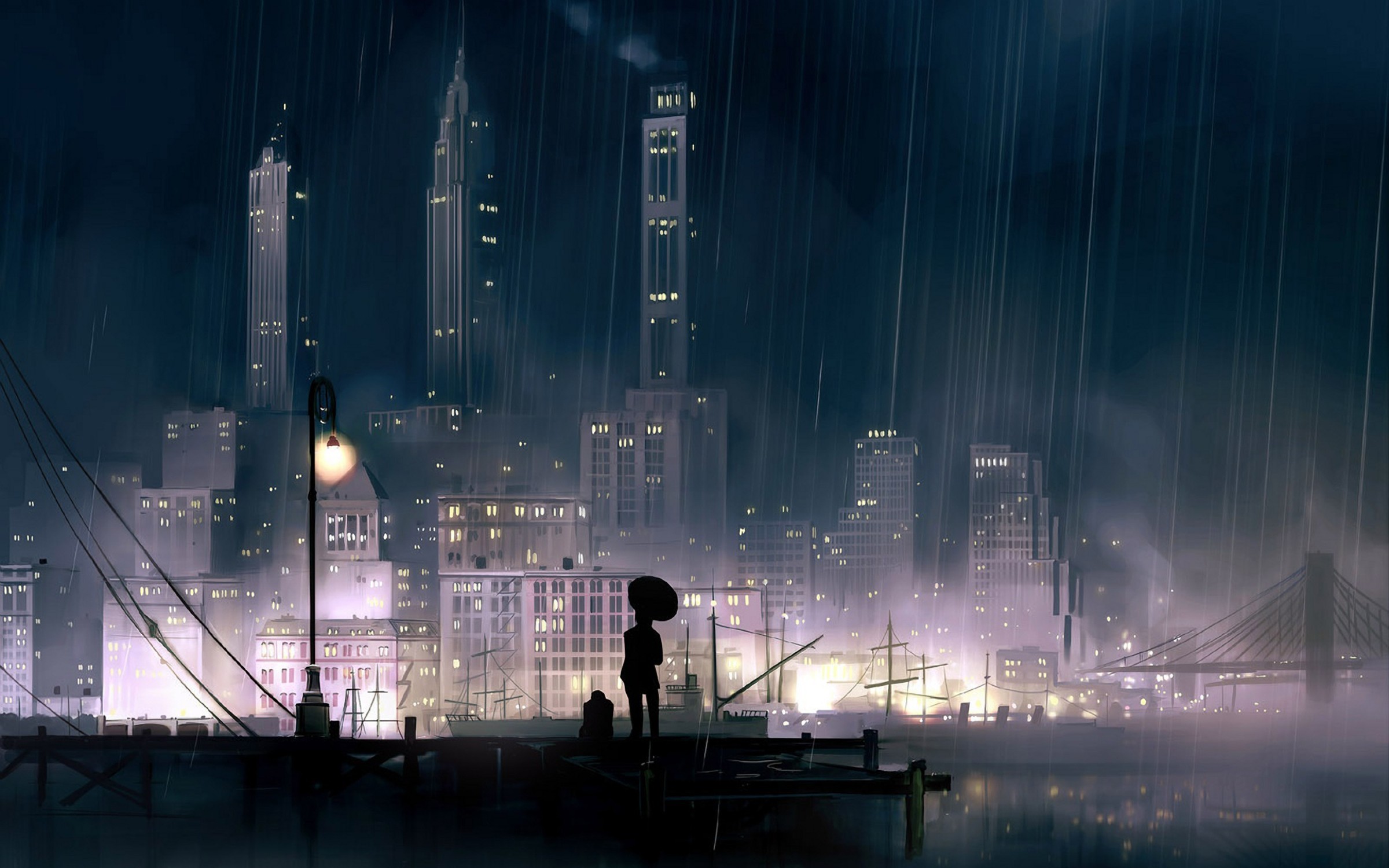 General 2400x1500 artwork lantern night rain cityscape
