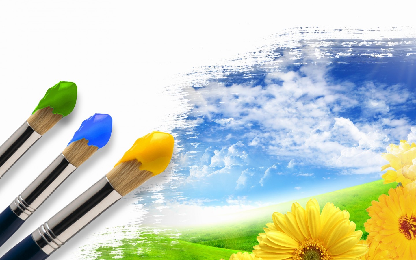 General 1440x900 paint brushes flowers yellow flowers sky canvas clouds artwork plants