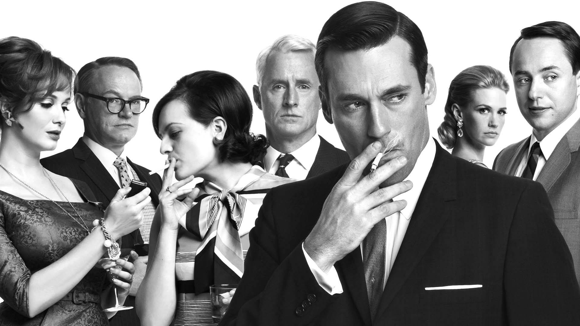 People 1920x1080 Mad Men smoking monochrome Don Draper TV series Jon Hamm Christina Hendricks men women