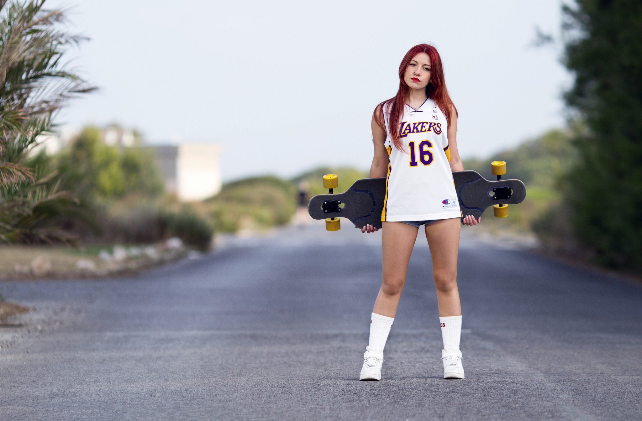 People 2048x1344 women redhead road skateboard sports jerseys jean shorts longboard numbers dyed hair women outdoors standing long hair looking at viewer model red lipstick Los Angeles Lakers