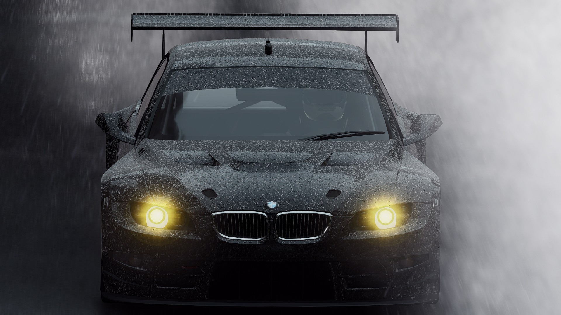 General 1920x1080 car rain BMW vehicle BMW E92 BMW 3 Series wet race cars racing motorsport black cars German cars car spoiler