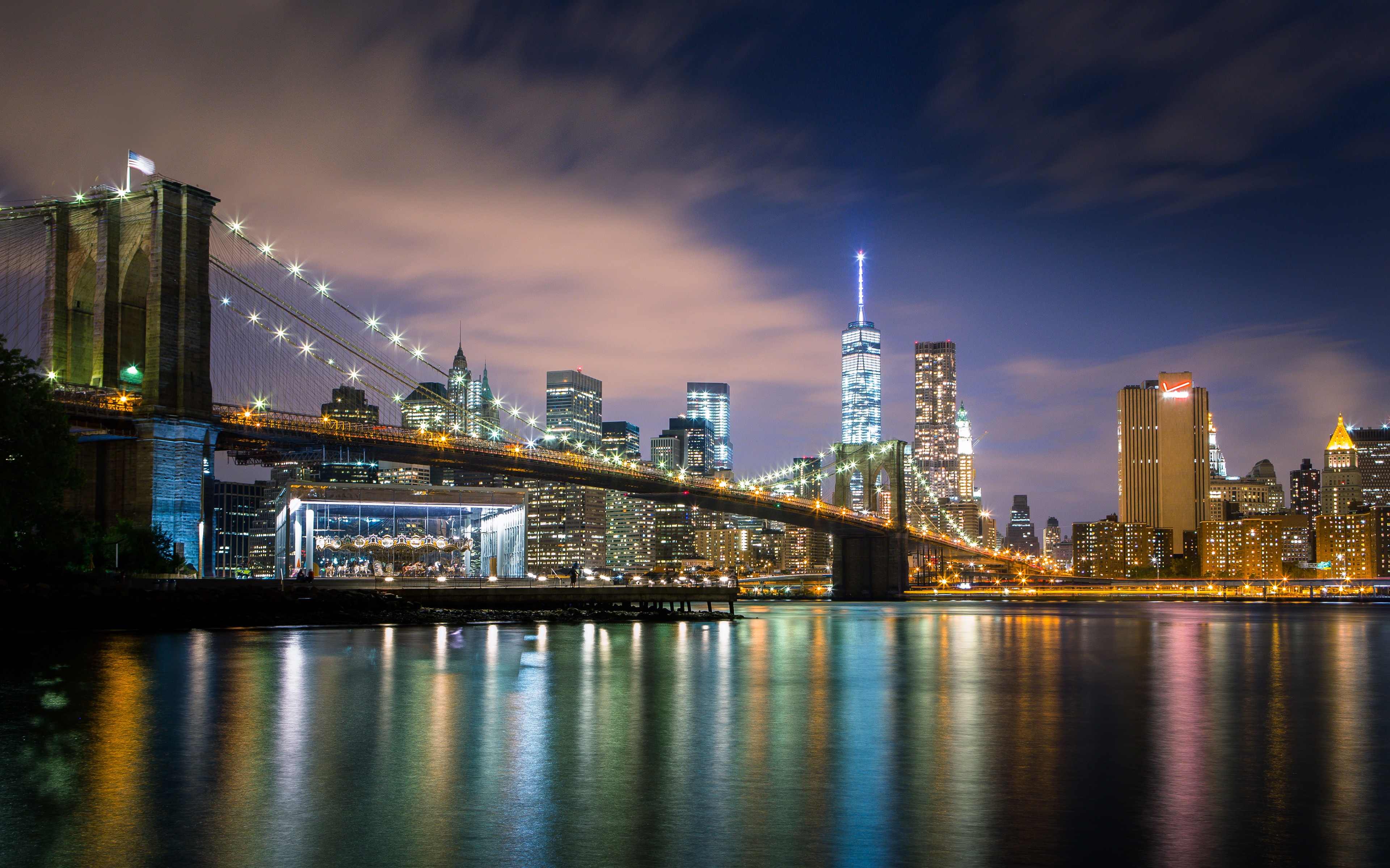 General 3840x2400 New York City night city Brooklyn Bridge city lights river USA cityscape