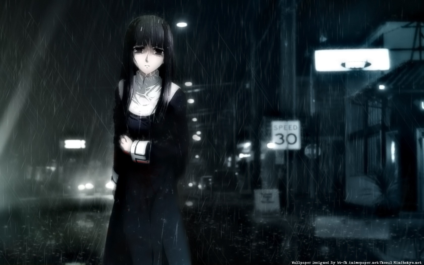 Anime 1680x1050 anime Kara no Kyoukai anime girls sad dark hair rain Type-Moon urban night city looking at viewer dark eyes standing women outdoors
