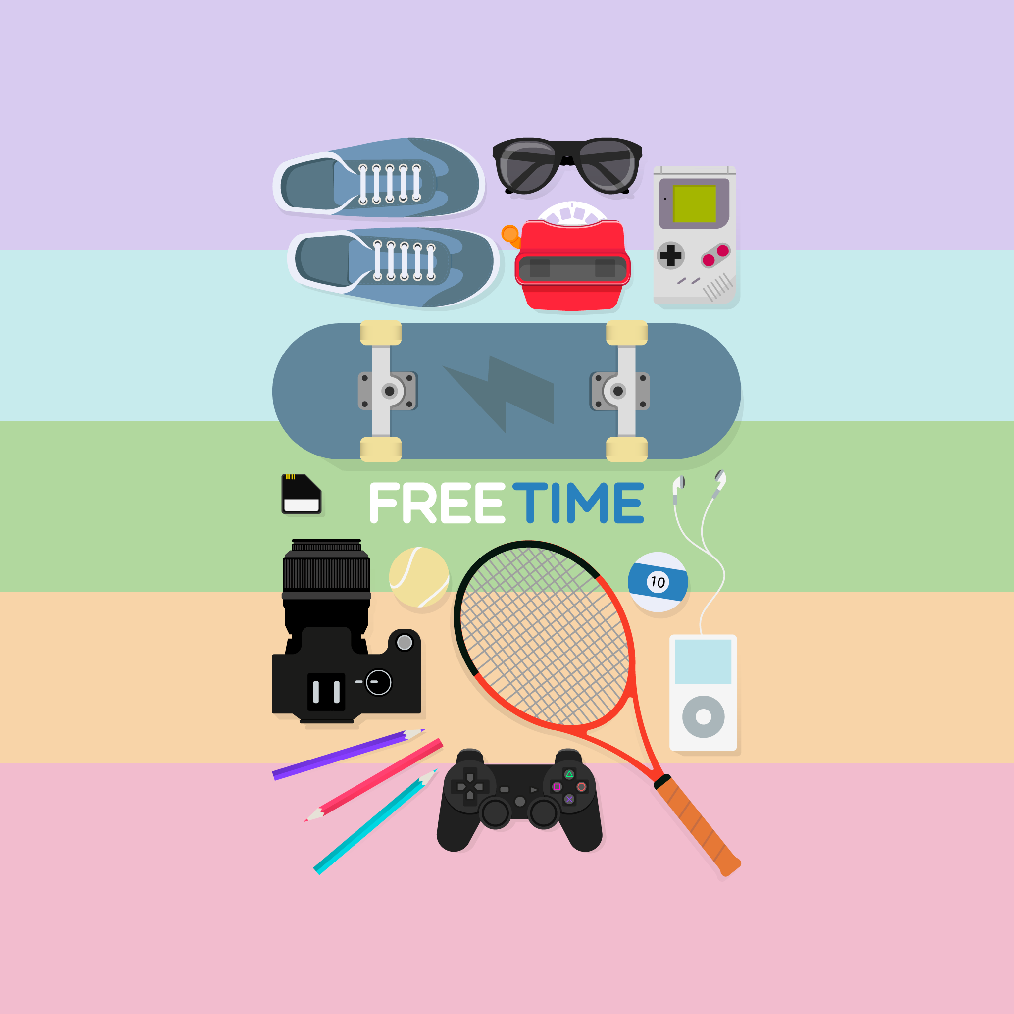 General 2048x2048 time iPod PlayStation skateboard GameBoy tennis rackets controllers artwork sport shoes glasses camera