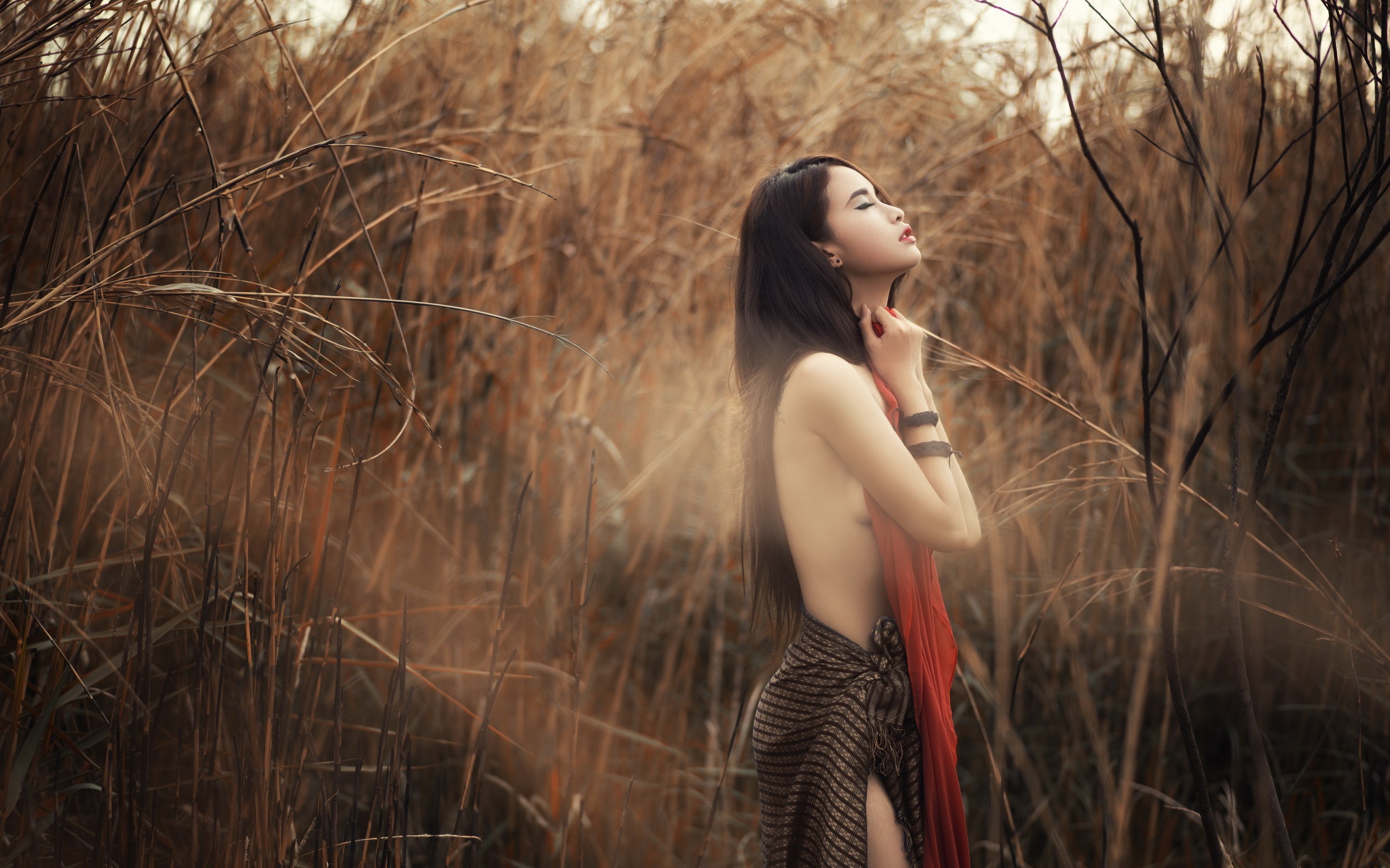 People 2560x1600 Asian women nature model strategic covering brunette long hair arms on chest closed eyes outdoors topless plants