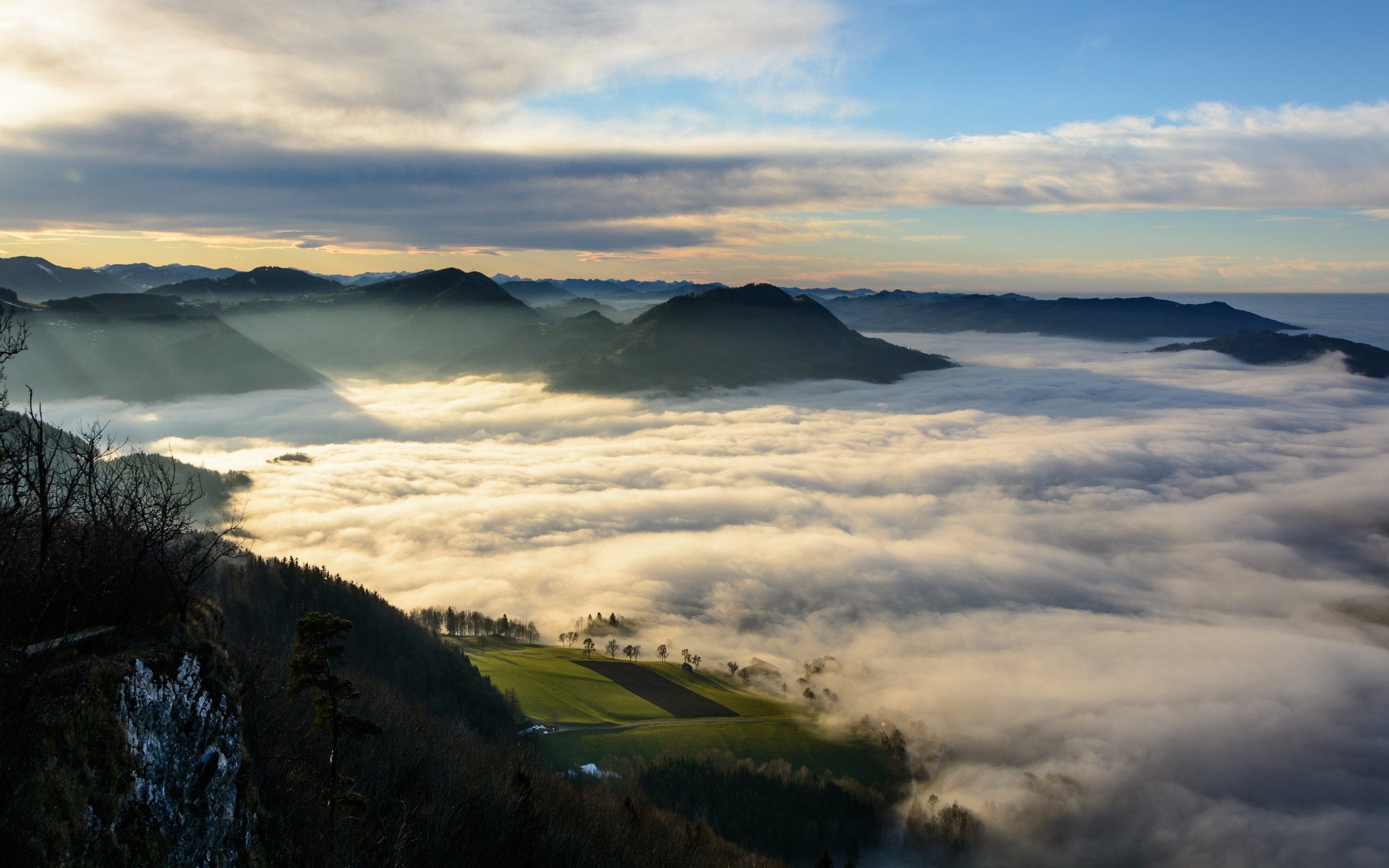 General 2500x1563 nature landscape mist valley Austria mountains clouds field morning shrubs