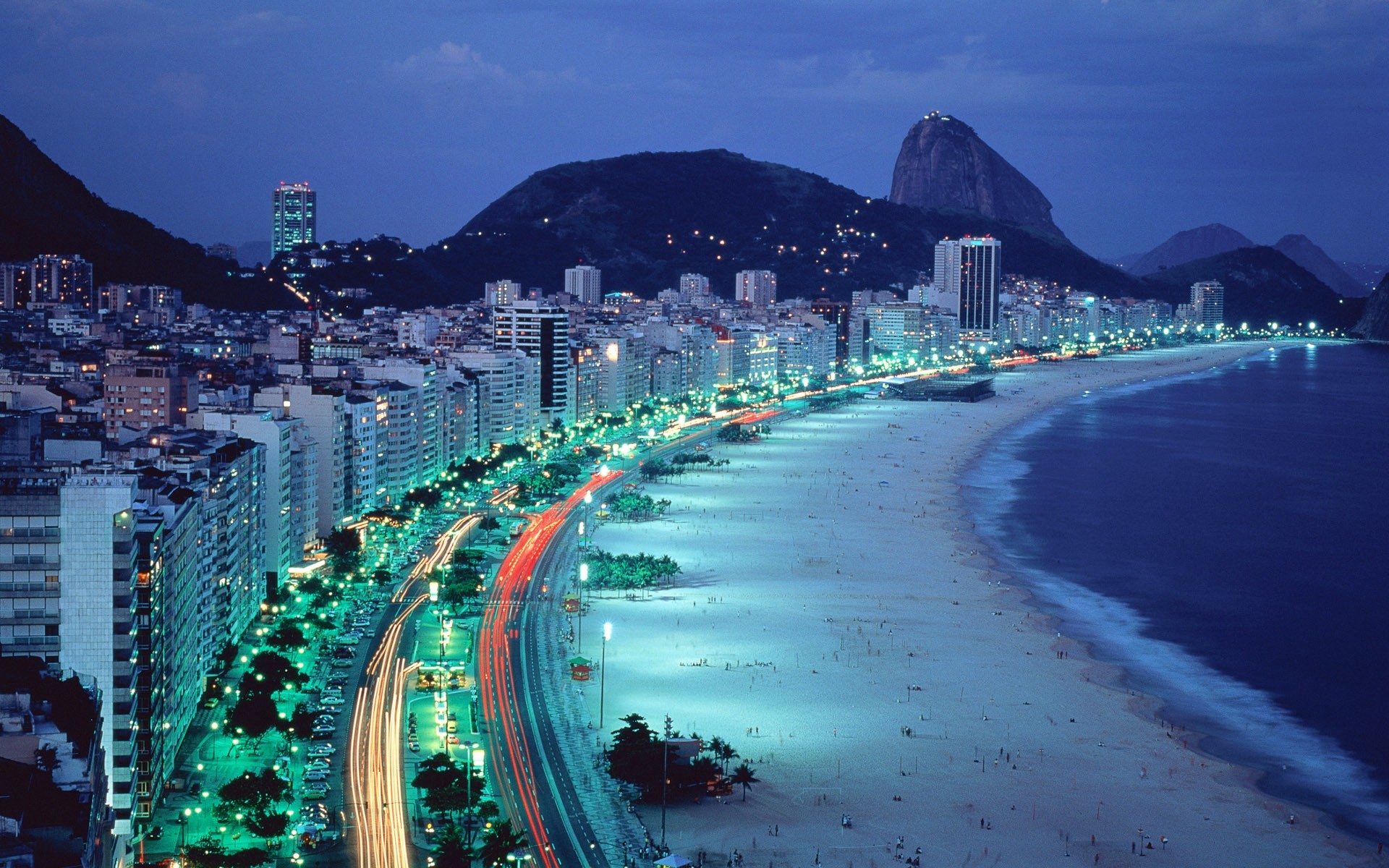 General 1920x1200 Rio de Janeiro Brazil beach mountains lights night road cityscape cyan blue