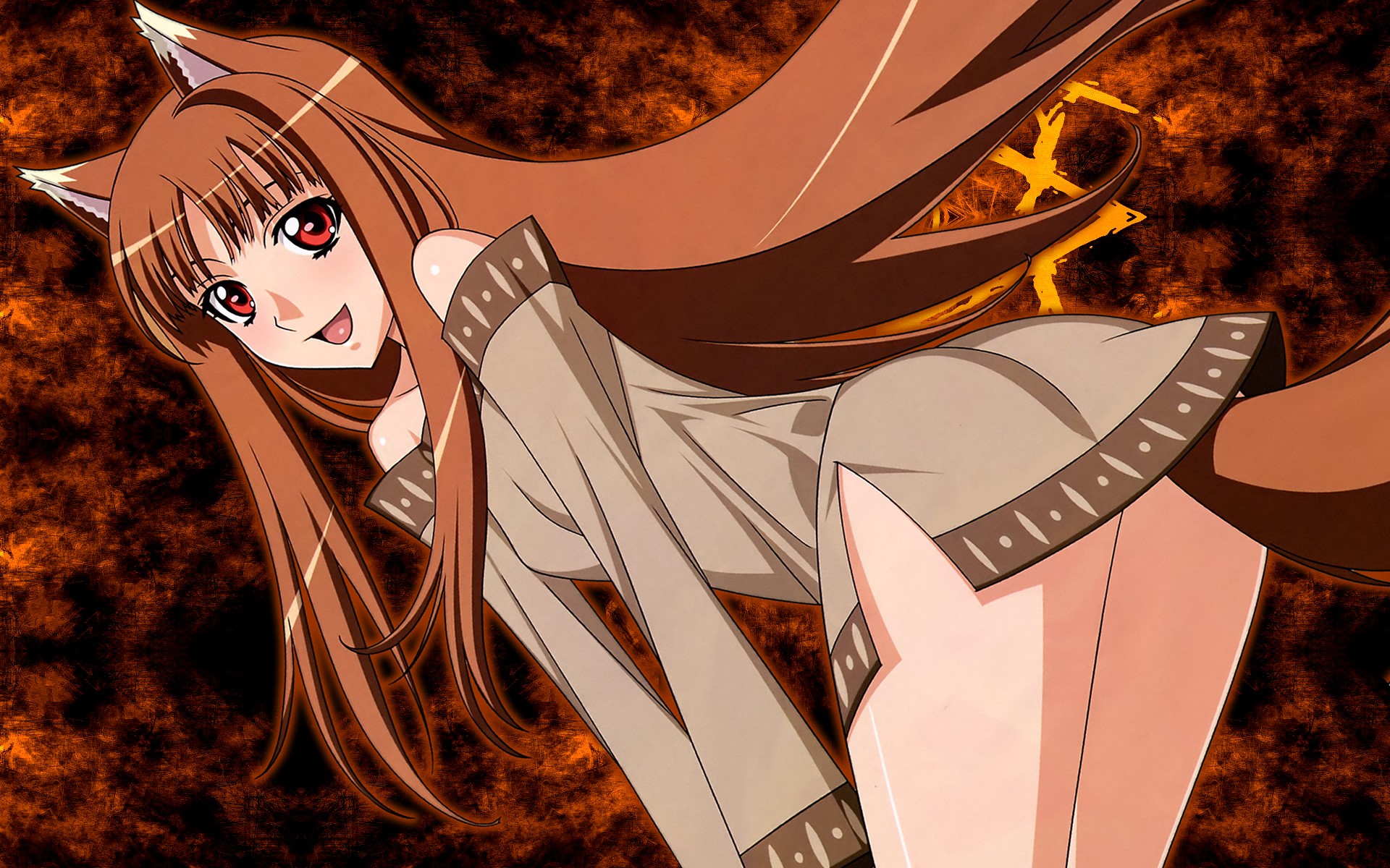 Anime 1920x1200 Spice and Wolf Holo (Spice and Wolf) anime anime girls wolf girls animal ears tail red eyes open mouth bent over long hair thighs looking at viewer fantasy girl