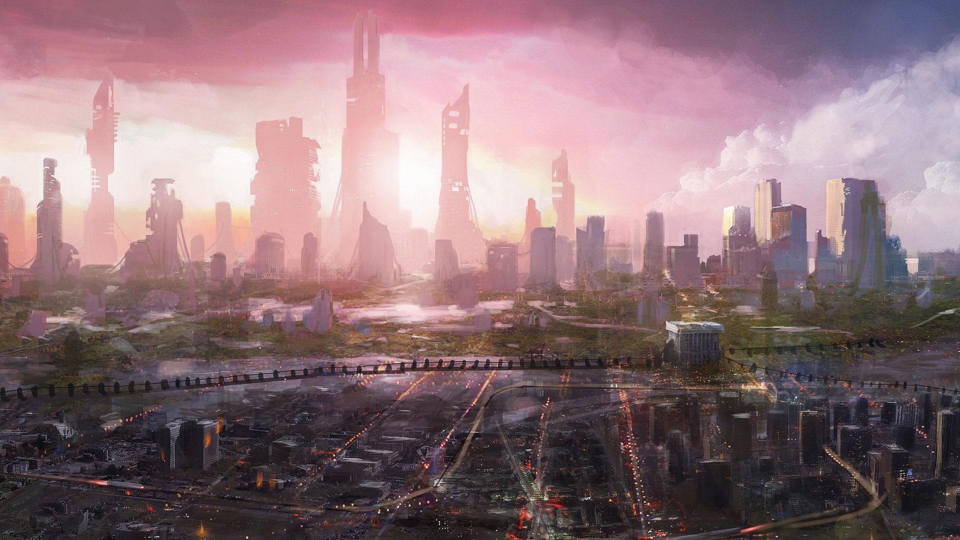 General 1920x1080 digital art cityscape futuristic city futuristic science fiction sunlight sky clouds