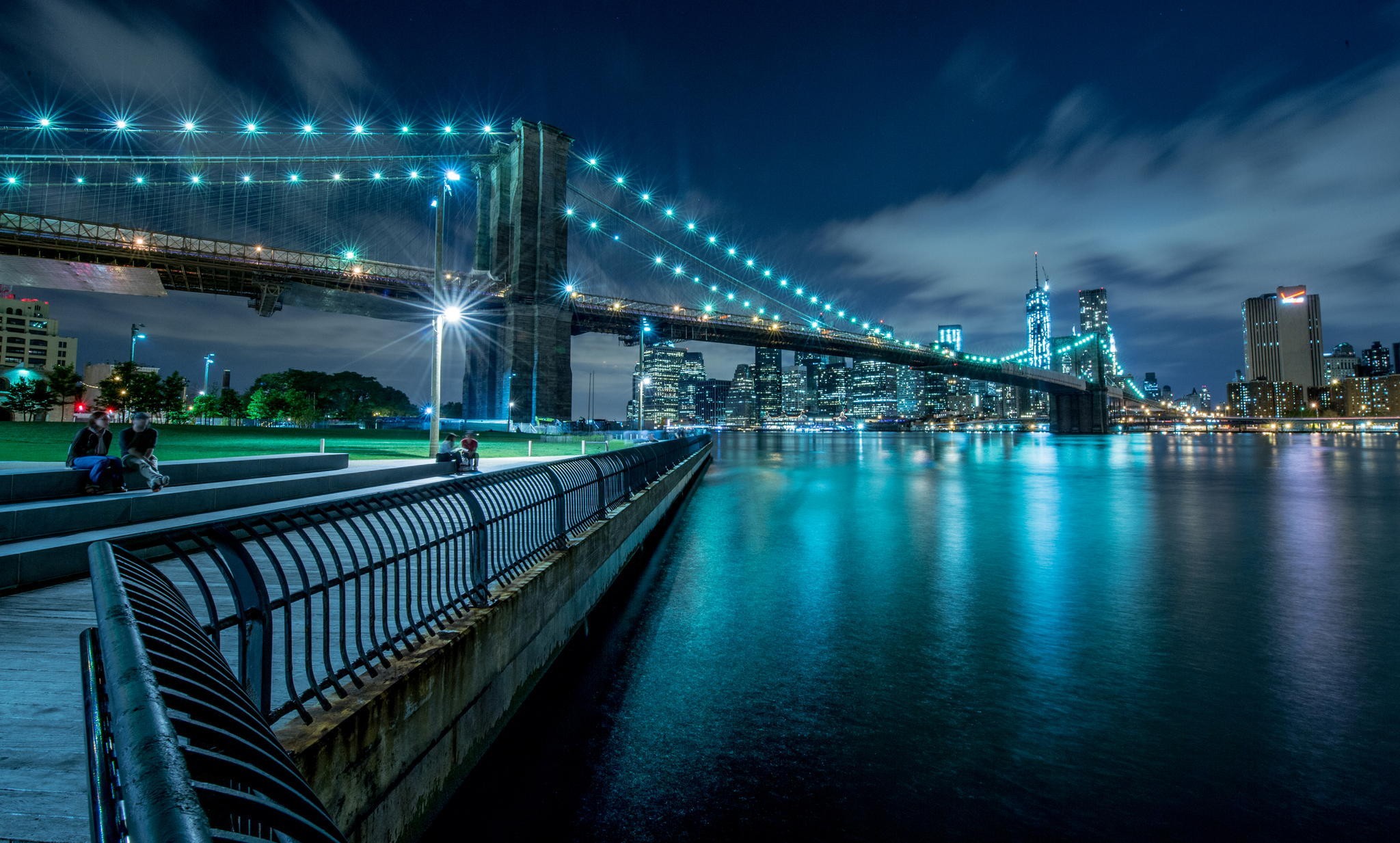 General 2048x1233 bridge Brooklyn Bridge New York City cityscape city lights cyan night city river Hudson River blue USA