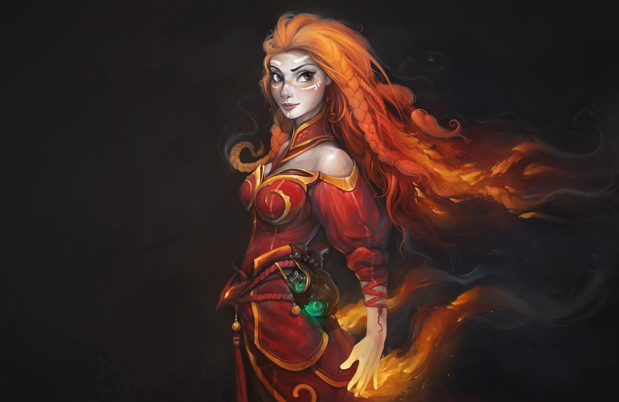 General 1998x1296 Dota 2 Lina Inverse fantasy girl video games video game art video game girls redhead long hair simple background black background dress red dress standing PC gaming fantasy art Lina (Dota 2)