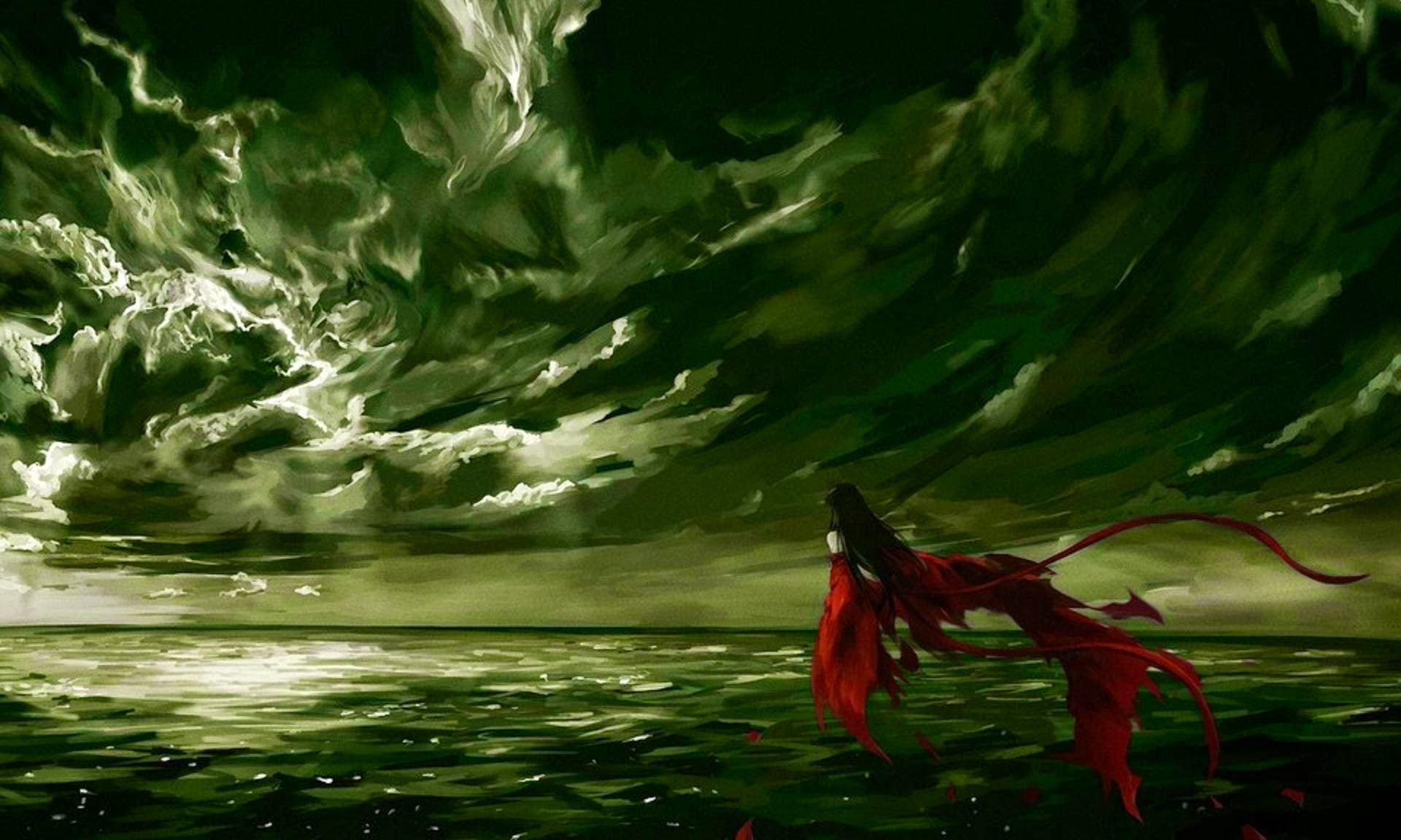 General 1920x1152 fantasy girl fantasy art sky sea water dark clouds artwork women women outdoors dark hair digital art