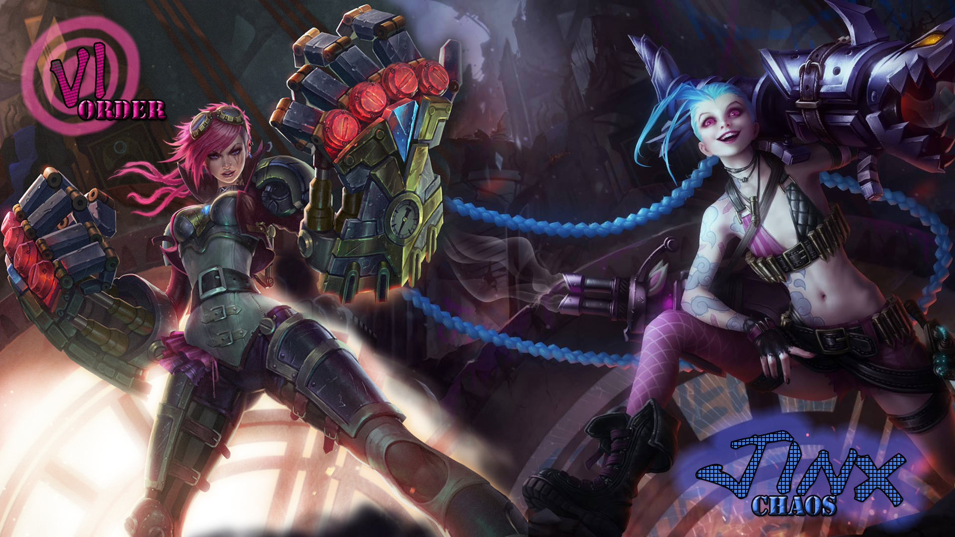 General 1920x1080 Vi (League of Legends) video games Jinx (League of Legends) League of Legends PC gaming belly two women video game girls long hair inked girls video game characters