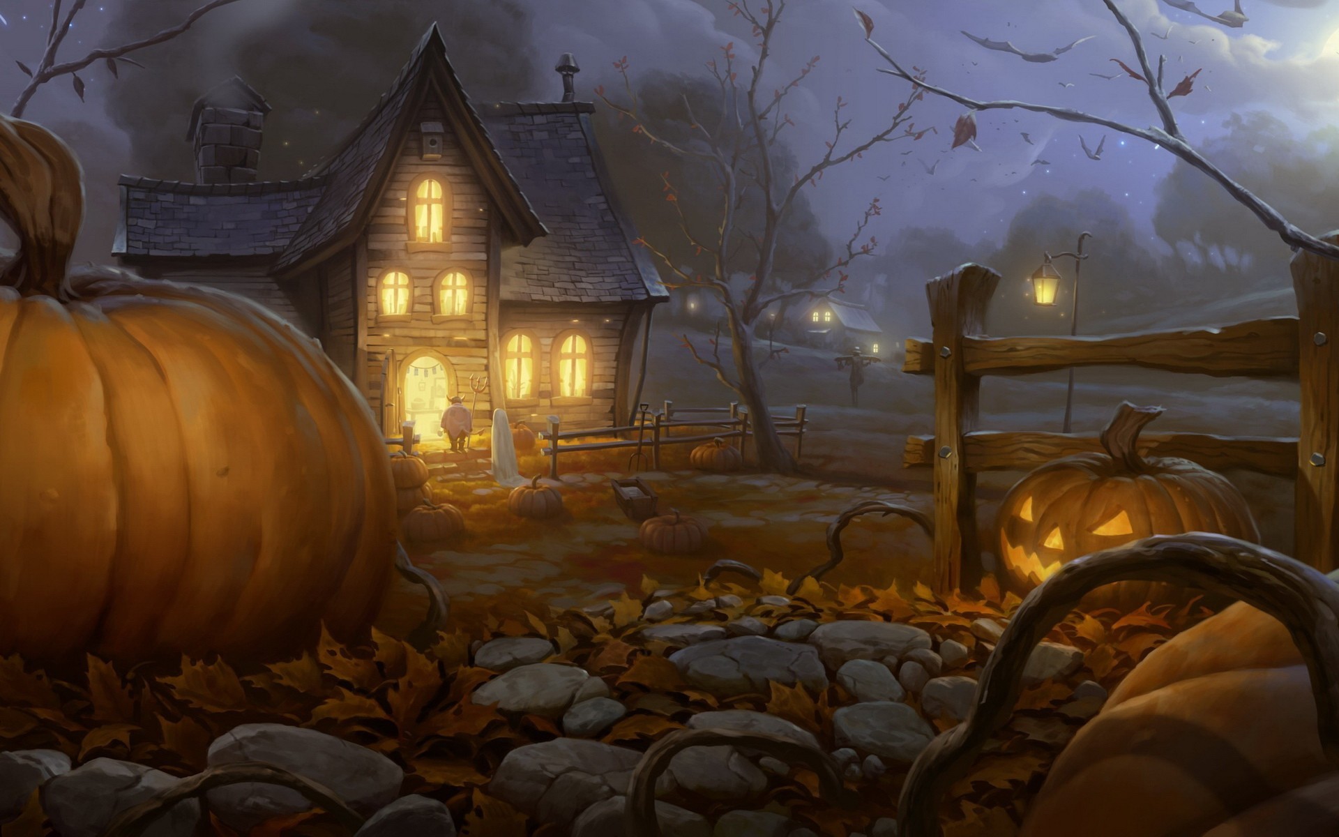 General 1920x1200 Halloween Jack O' Lantern artwork spooky pumpkin house digital art