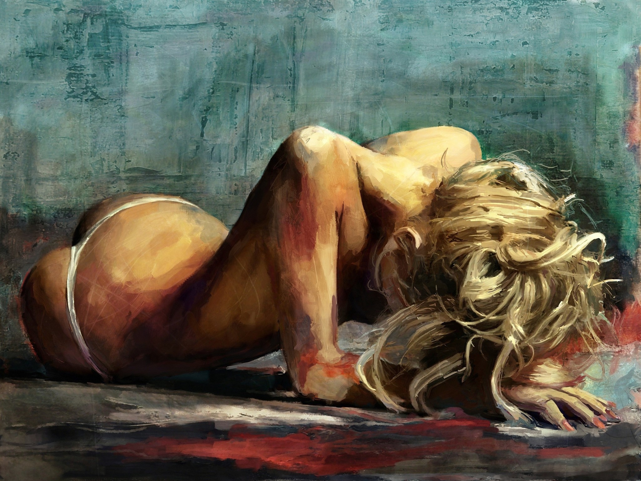 People 2048x1536 artwork women painting blonde ass panties partially clothed pink nails painted nails lying down white panties topless