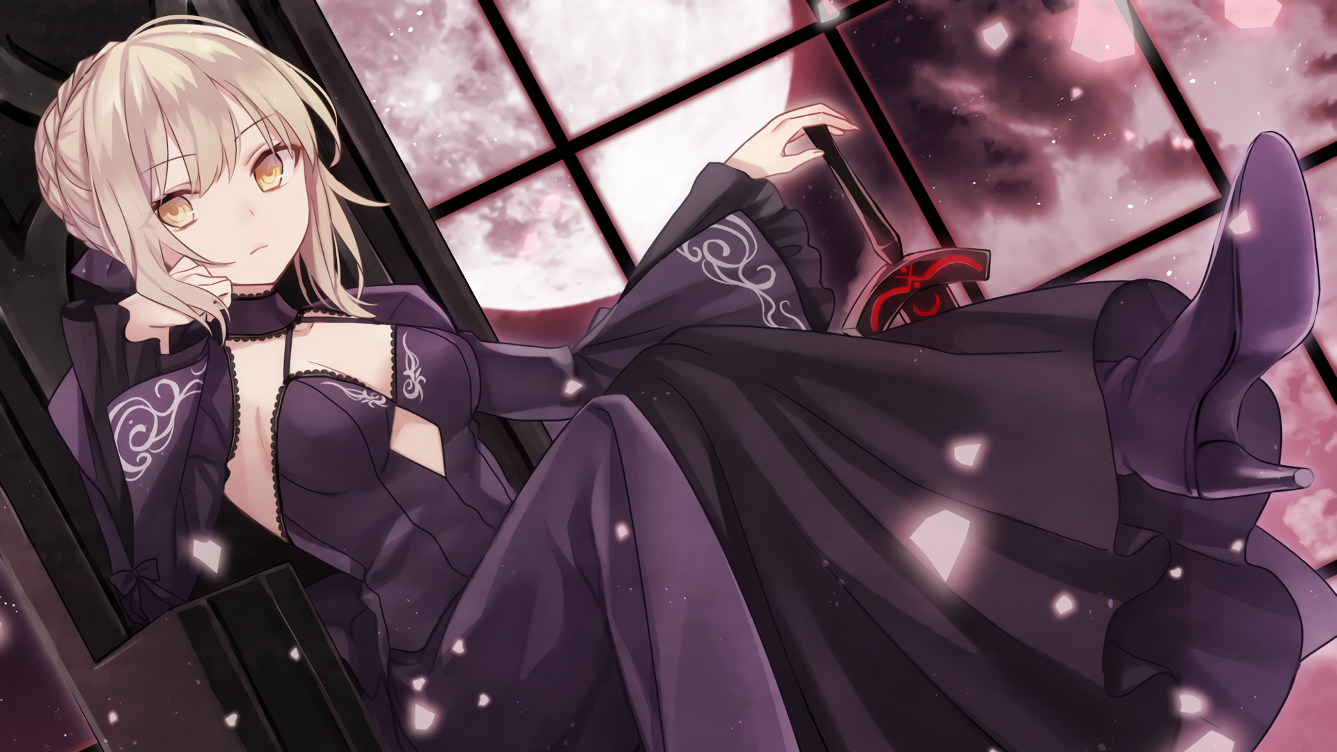 Anime 1920x1080 anime anime girls artwork Fate series Saber Alter Fate/Stay Night Artoria Pendragon dress blonde yellow eyes black dress black clothing looking at viewer