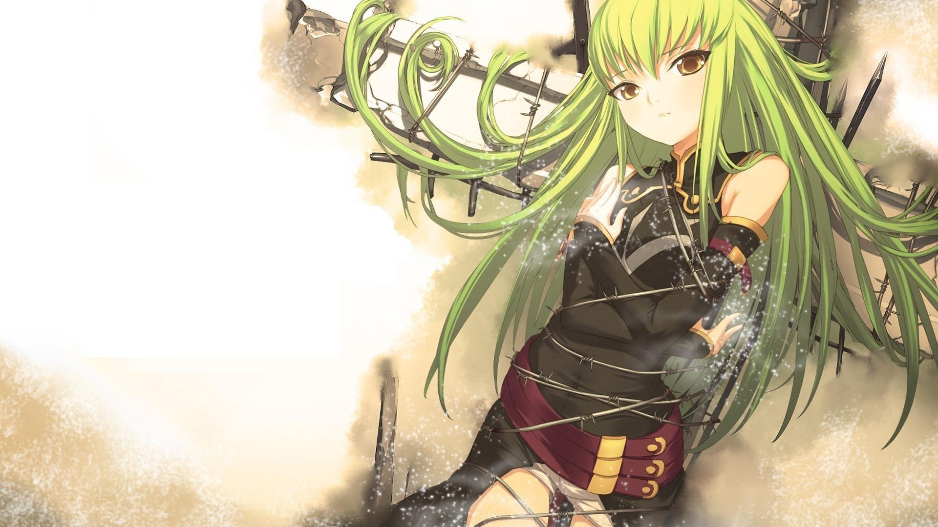 Anime 1920x1080 anime girls anime green hair long hair yellow eyes looking at viewer simple background