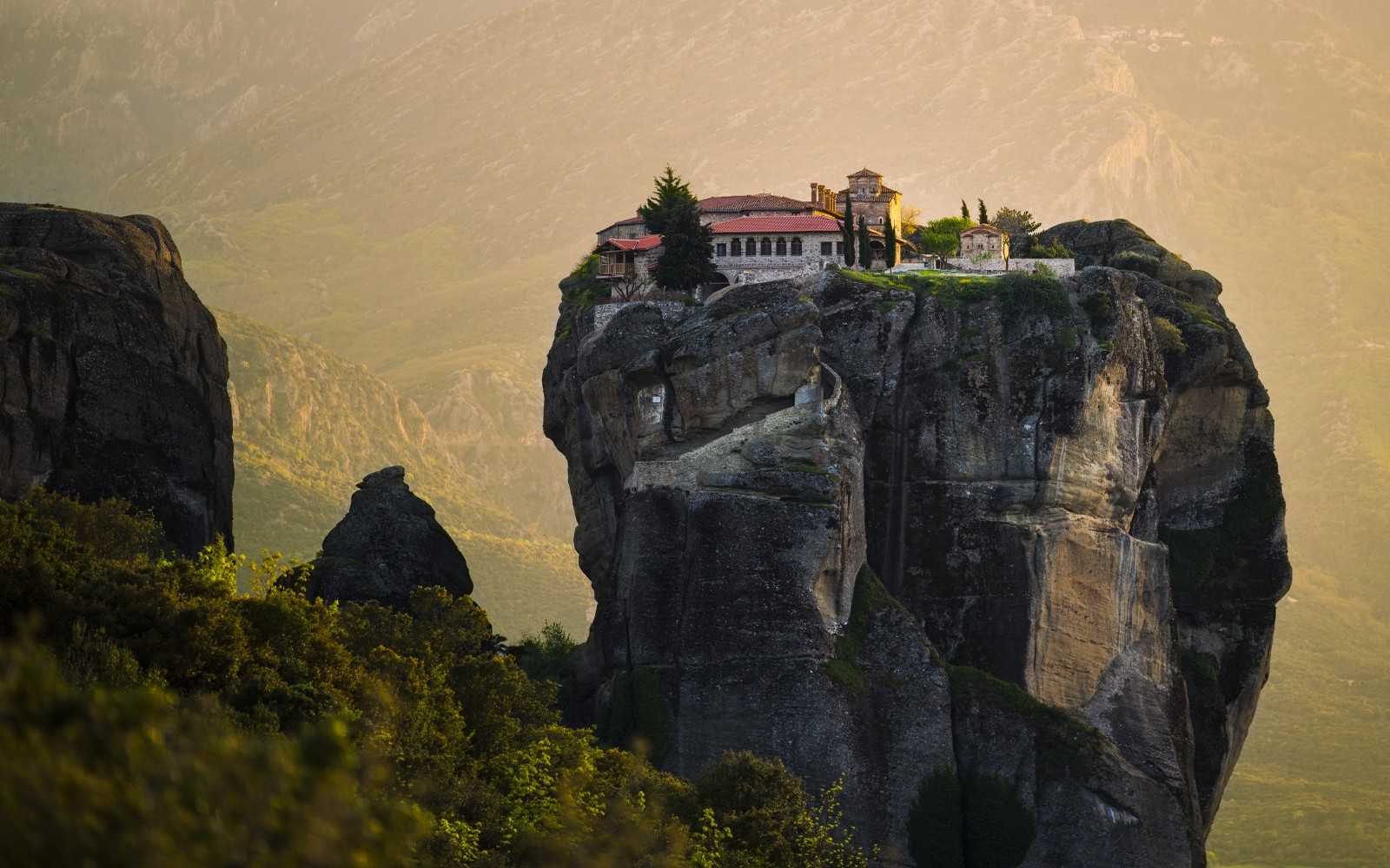 General 1600x1000 nature landscape monastery Greece mist cliff shrubs architecture mountains rocks Meteora