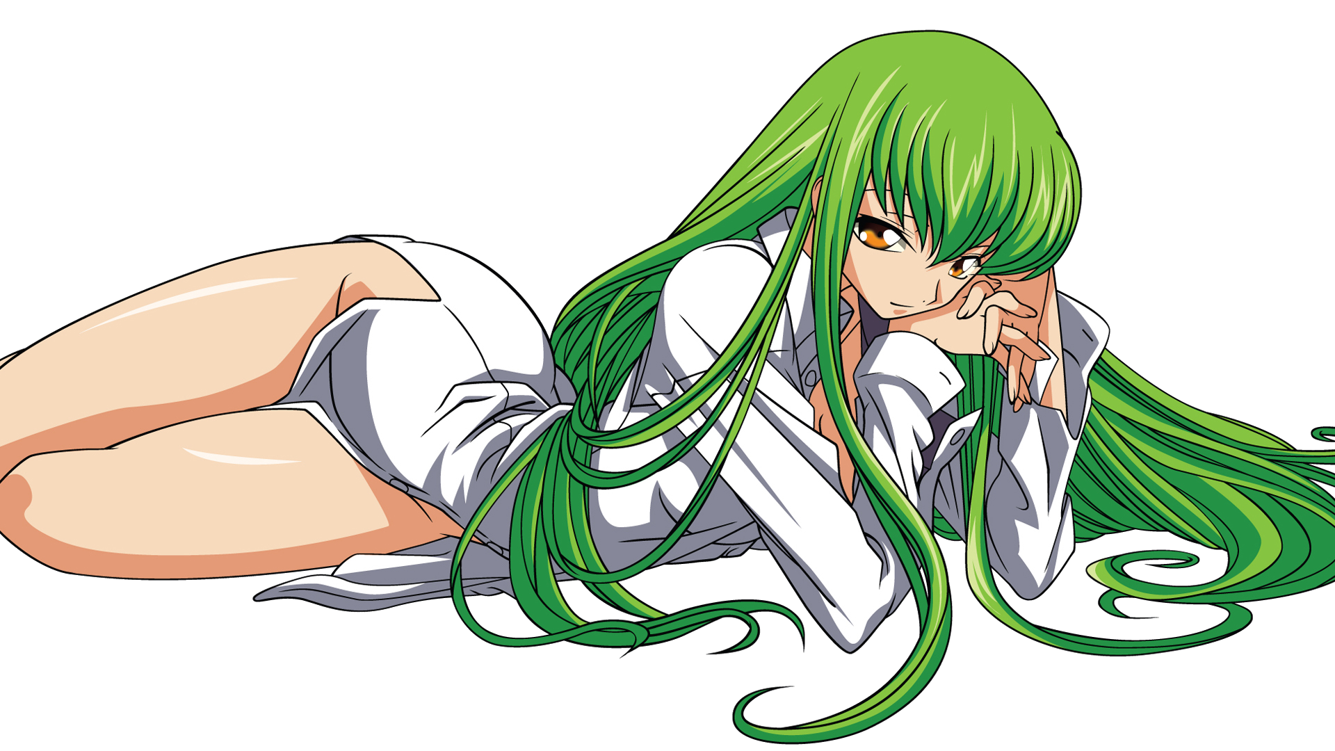 Anime 1920x1080 anime girls anime green hair long hair legs simple background Code Geass C.C. (Code Geass) white background orange eyes legs together thighs looking at viewer lying down women