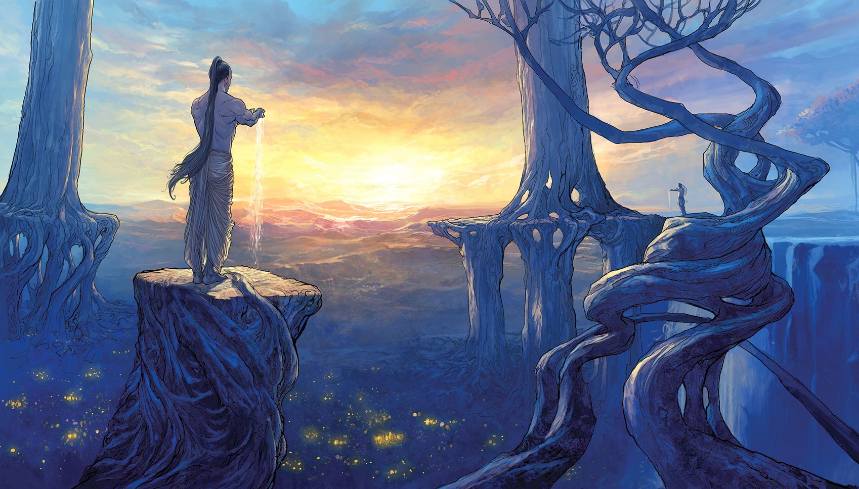 Anime 1698x968 fantasy art artwork sunlight fantasy men landscape trees sky standing men