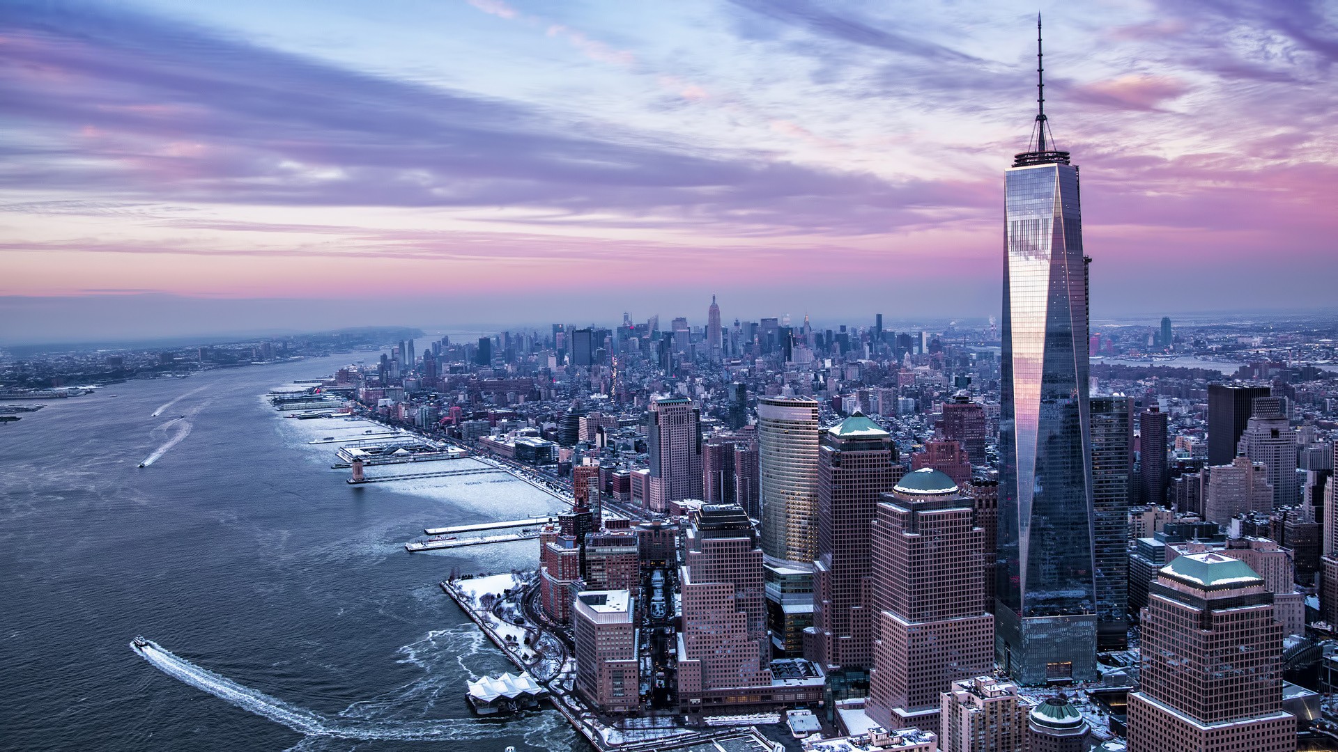 General 1920x1080 New York City city USA Freedom Tower Manhattan Hudson River winter river One World Trade Center architecture building skyscraper cityscape sunset clouds ship snow