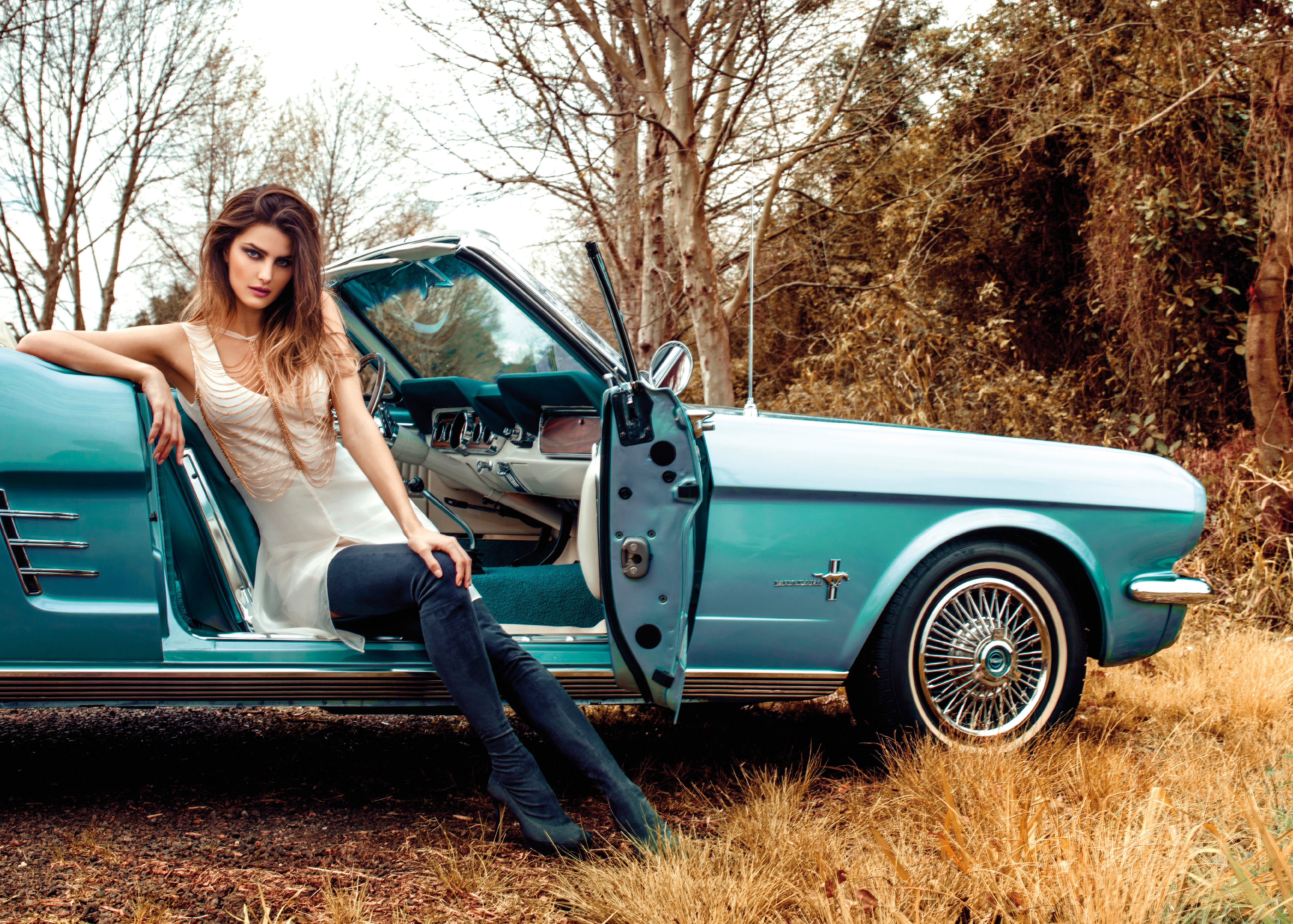 People 5787x4134 Morena Rosa car women brunette fall high heeled boots Ford Mustang looking at viewer women with cars Ford vehicle Cyan Cars model long hair red lipstick women outdoors car interior