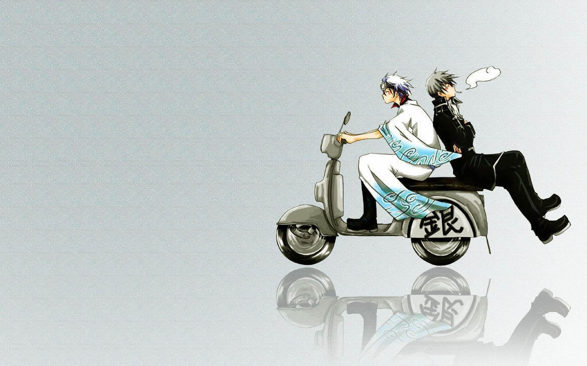 Anime 1920x1200 Gintama manga anime boys Sakata Gintoki Hijikata Toushirou scooters vehicle anime simple background smoking reflection