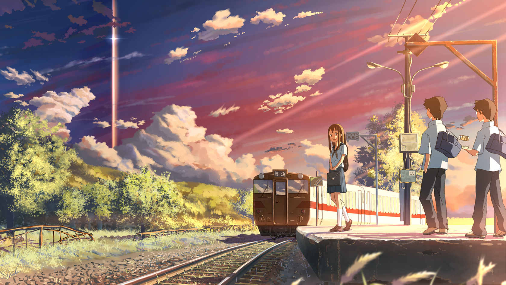 Anime 1680x945 anime clouds Beyond The Clouds train station anime girls anime boys train vehicle railway sky outdoors
