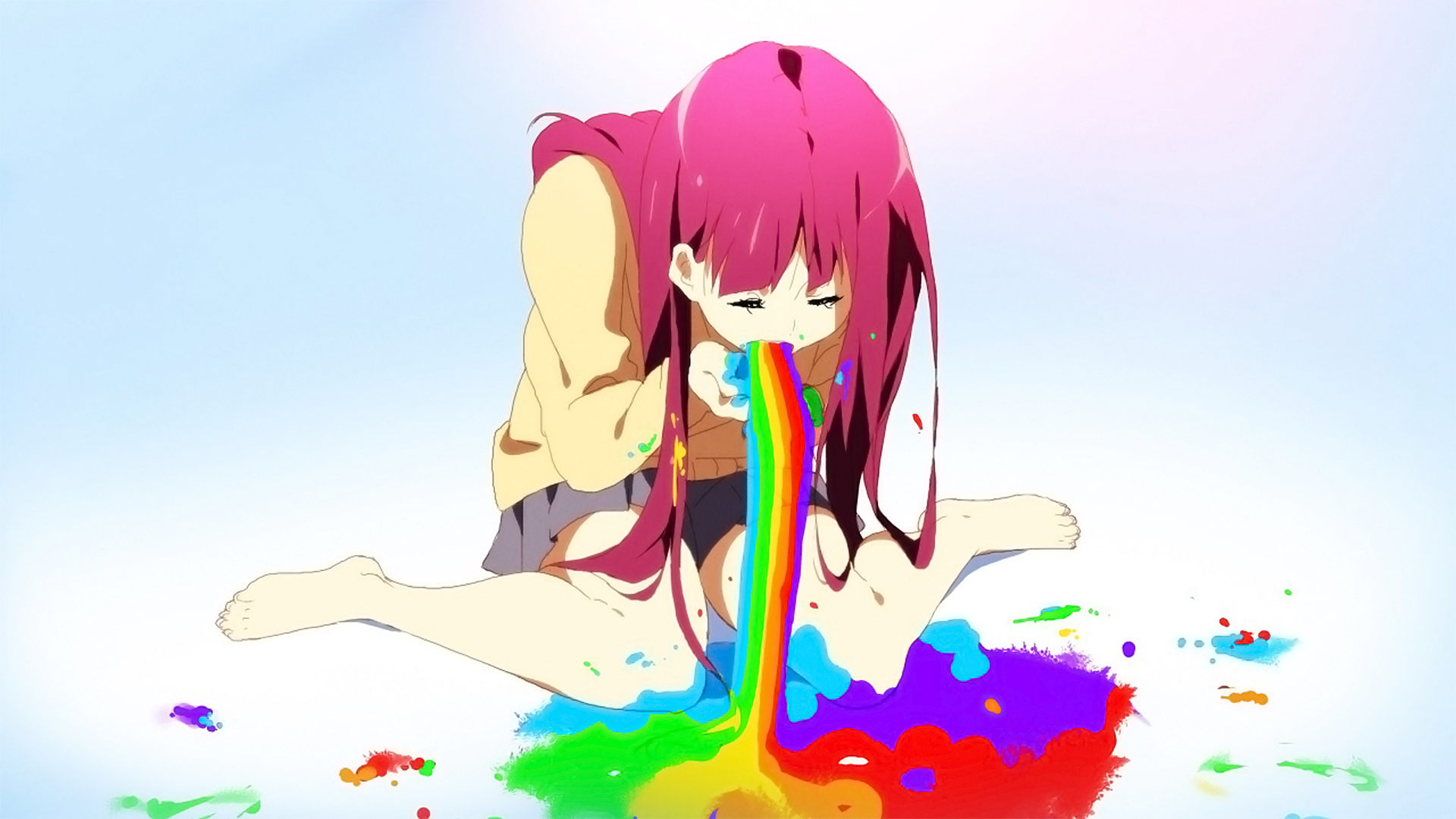 Anime 1920x1080 anime girls white background rainbows Sick Girl anime pink hair colorful kneeling gradient simple background barefoot