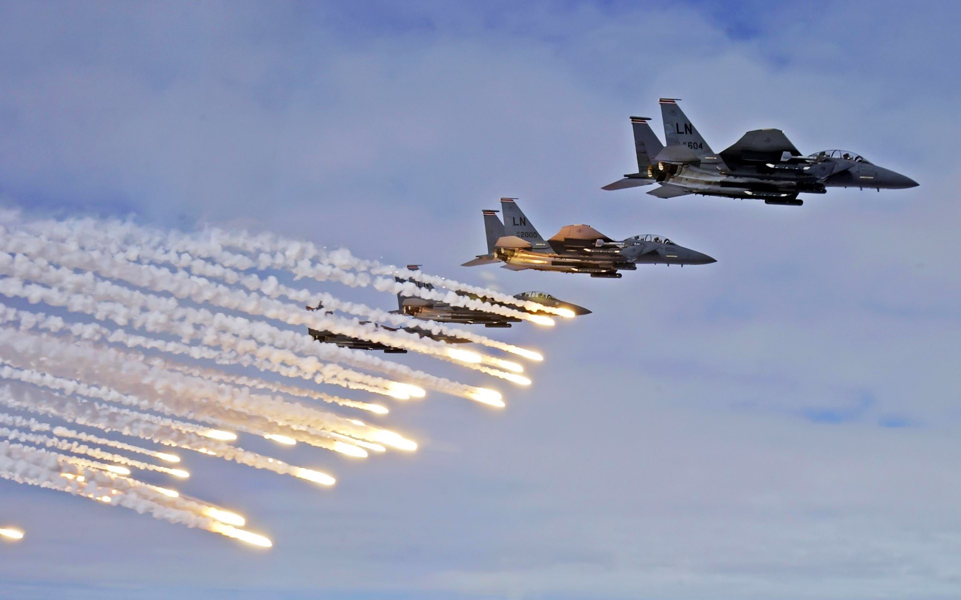 General 1920x1200 airplane F-15 Eagle aircraft military aircraft military vehicle Formation American aircraft vehicle clouds McDonnell Douglas sky flares military side view flying smoke