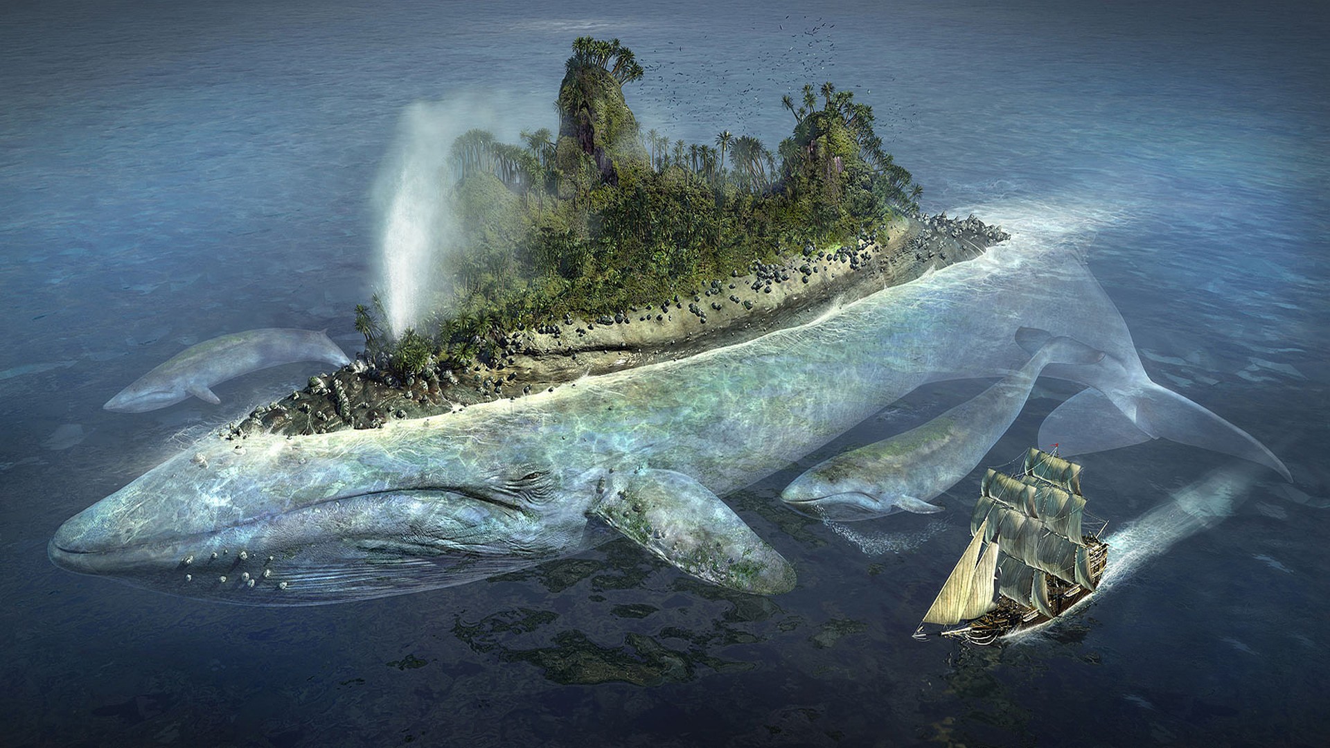 General 1920x1080 whale island ship sea fantasy art water