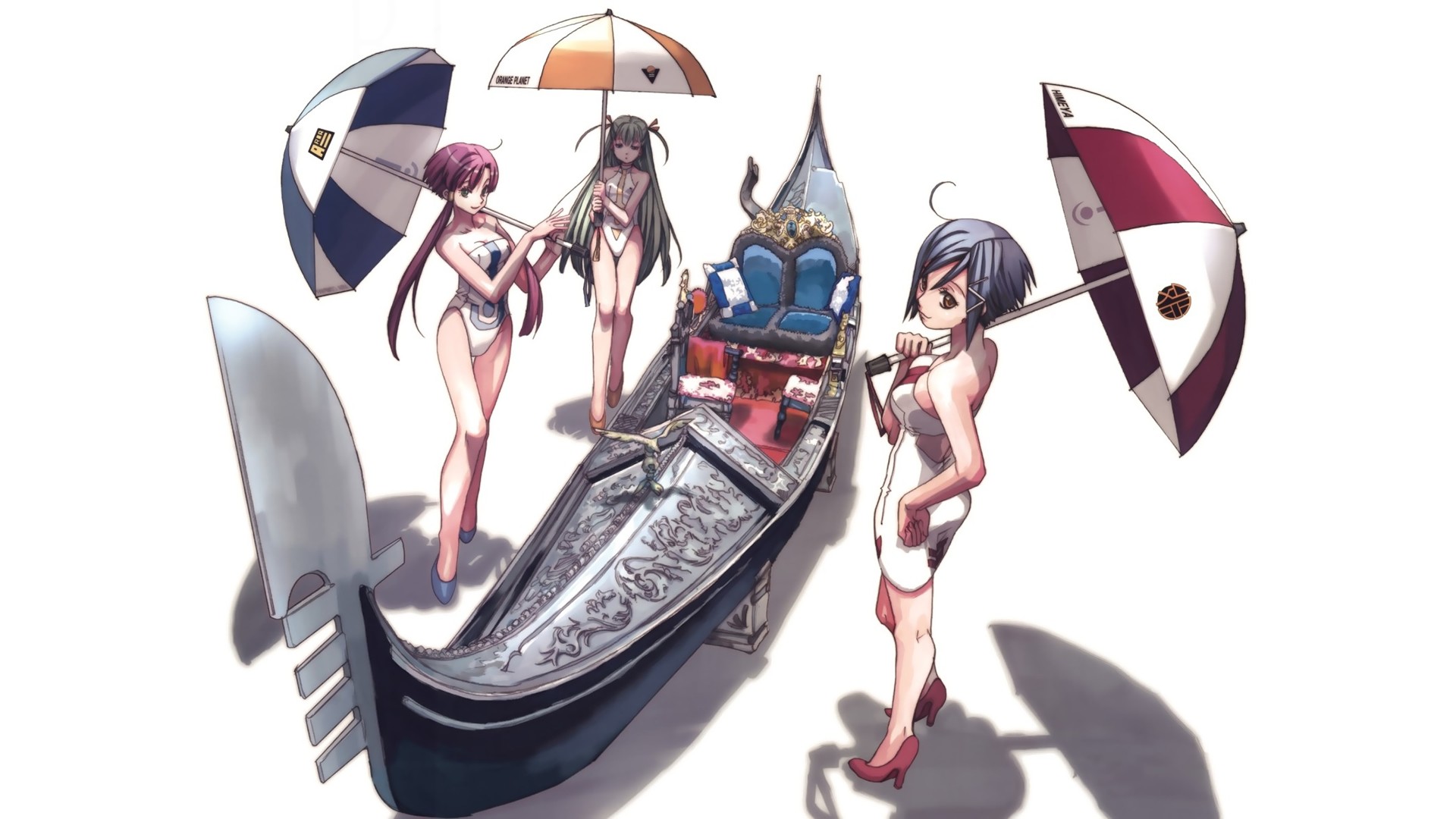 Anime 1920x1080 anime umbrella gondolas anime girls vehicle standing women women trio simple background white background dark hair heels