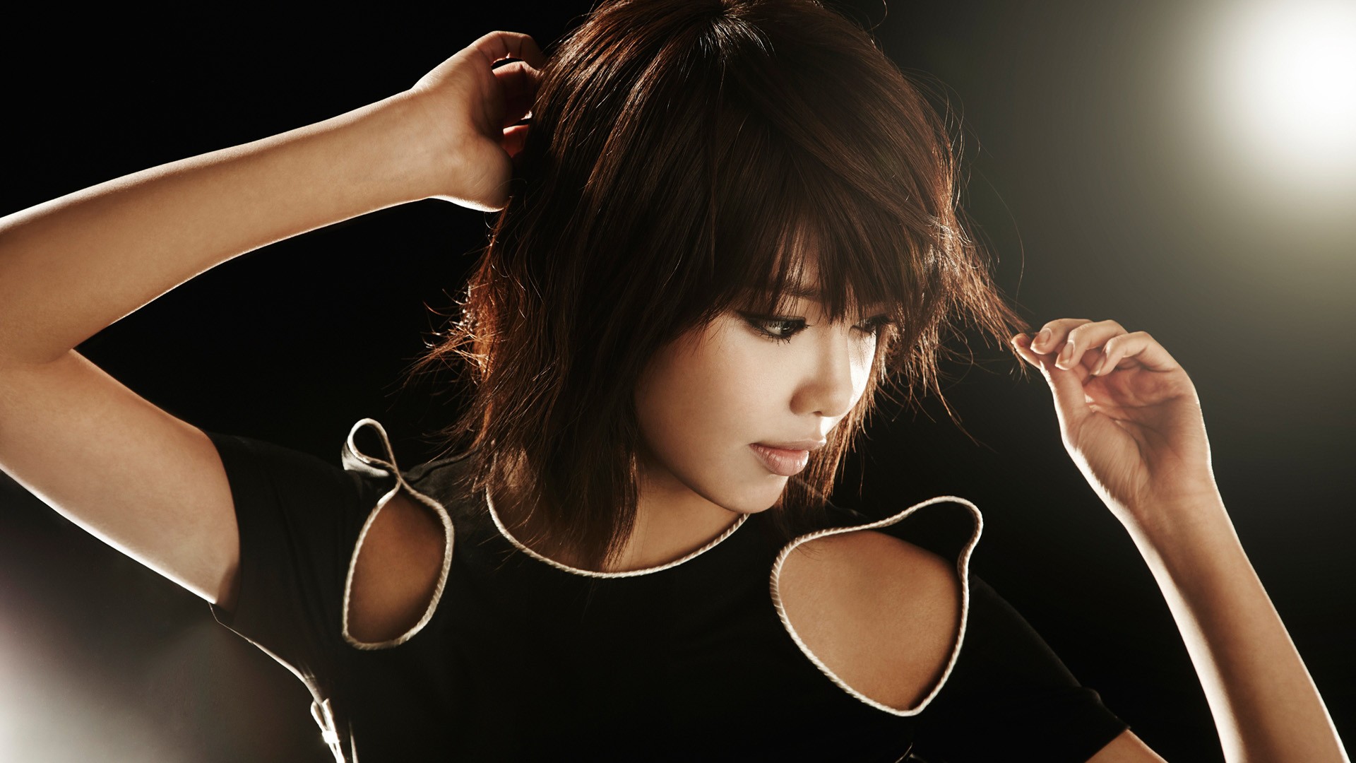 People 1920x1080 women brunette model face short hair Asian black dress simple background Choi Sooyoung SNSD looking away arms up makeup women indoors