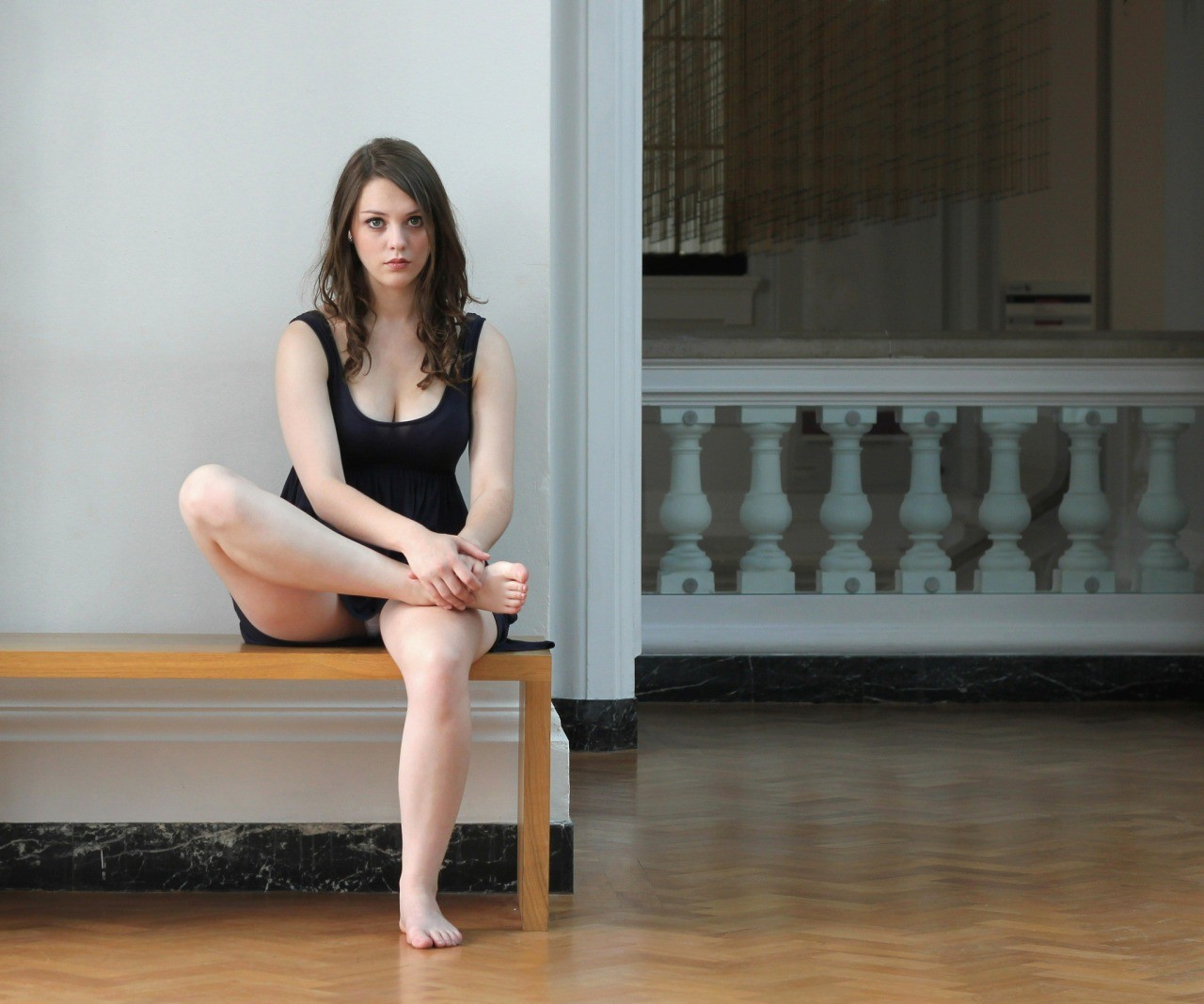 Brunette Women Barefoot Cleavage Sitting Legs Women Indoors Model Imogen Dyer Black