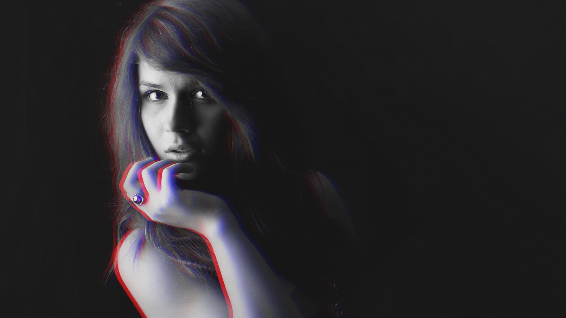 People 1920x1080 anaglyph 3D women monochrome dark background face looking at viewer model simple background black background rings portrait studio long hair