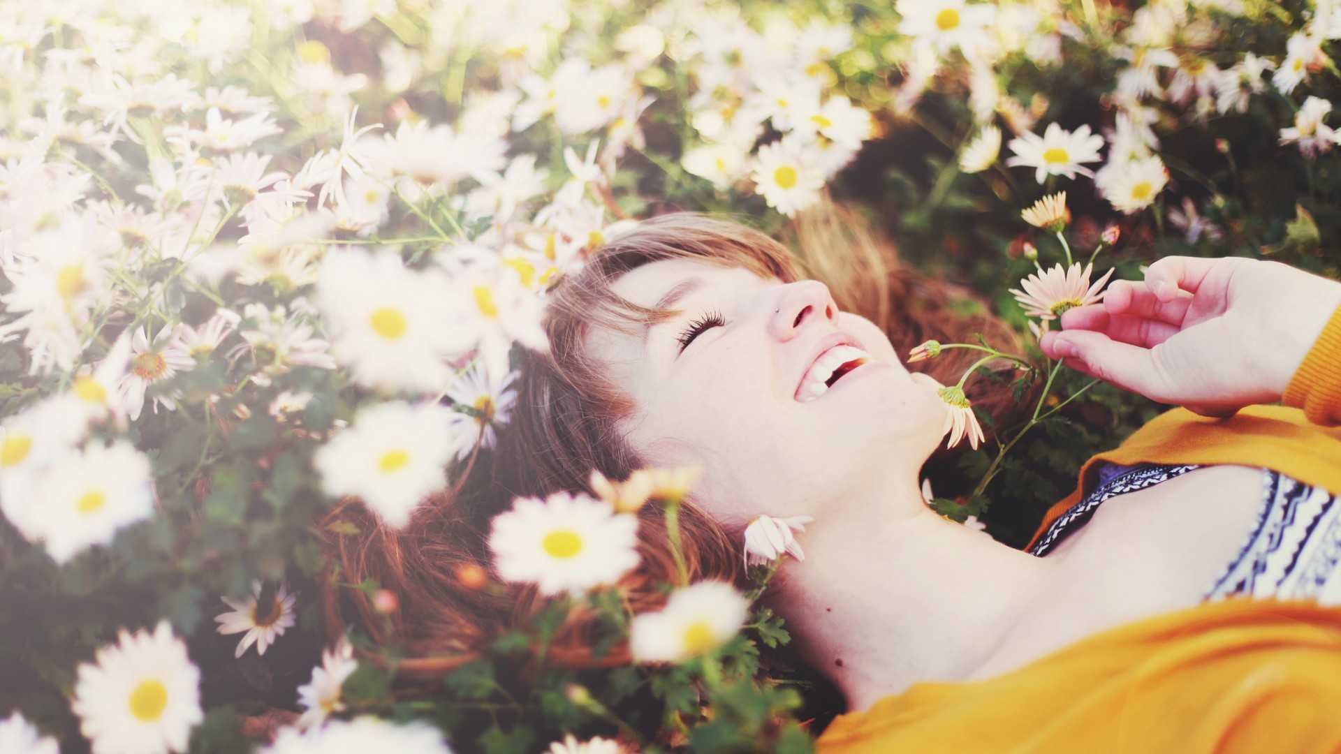 People 1920x1080 laughing lying on back women outdoors closed eyes white flowers daisies sunlight flowers plants happy face women