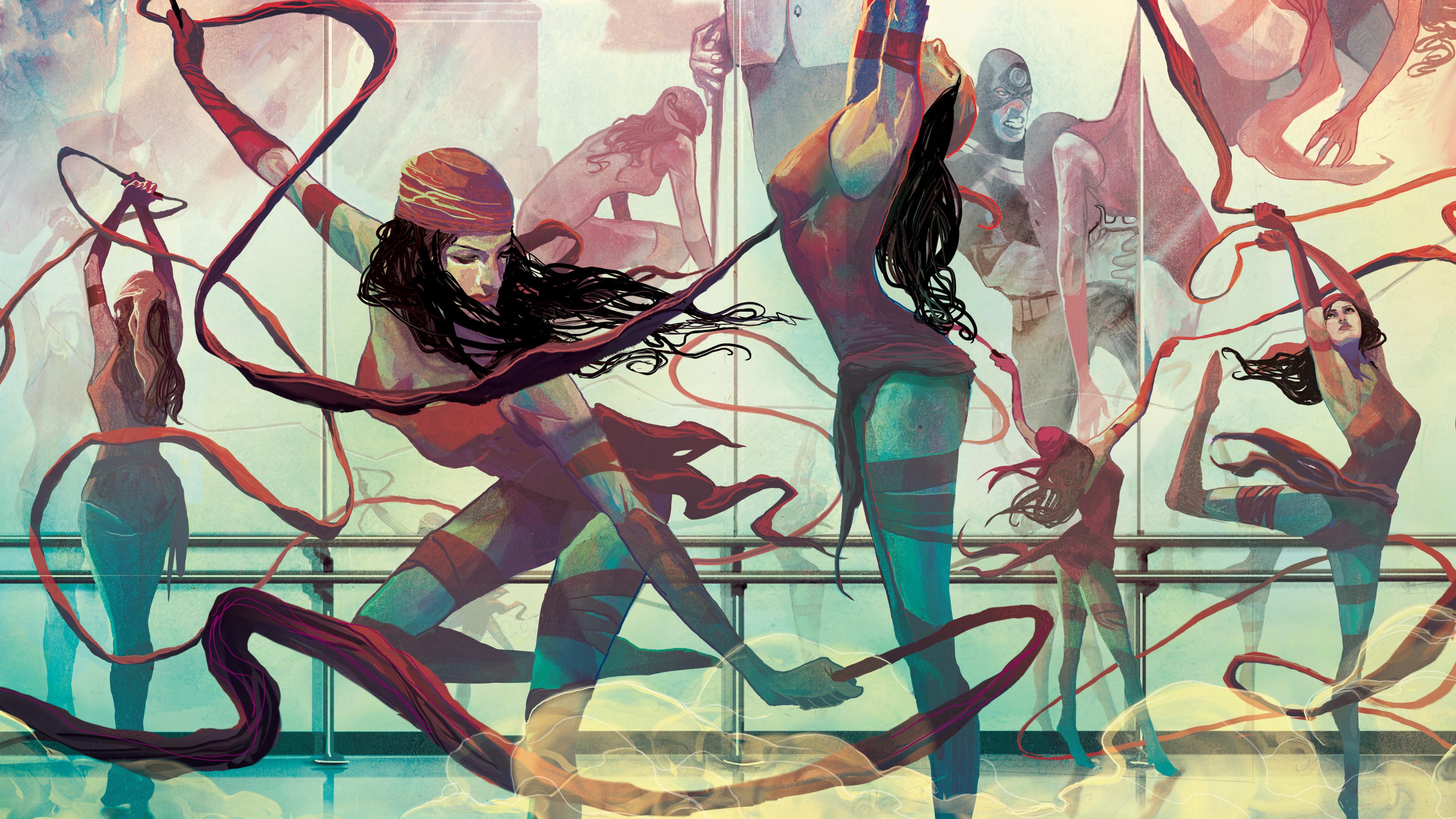 General 3840x2160 dancing colorful Elektra Natchios artwork women dancer comics dark hair arms up boobs digital art