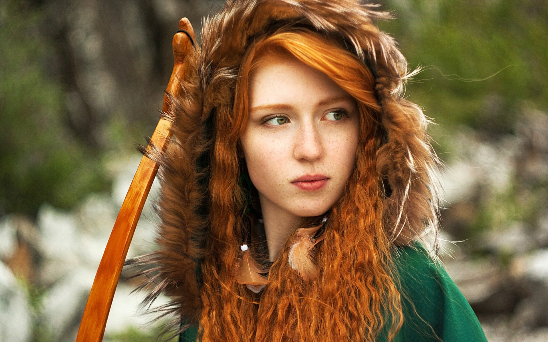 People 1920x1200 women model redhead long hair curly hair face women outdoors green eyes freckles fur coats bow feathers archery Princess Merida fantasy girl looking away