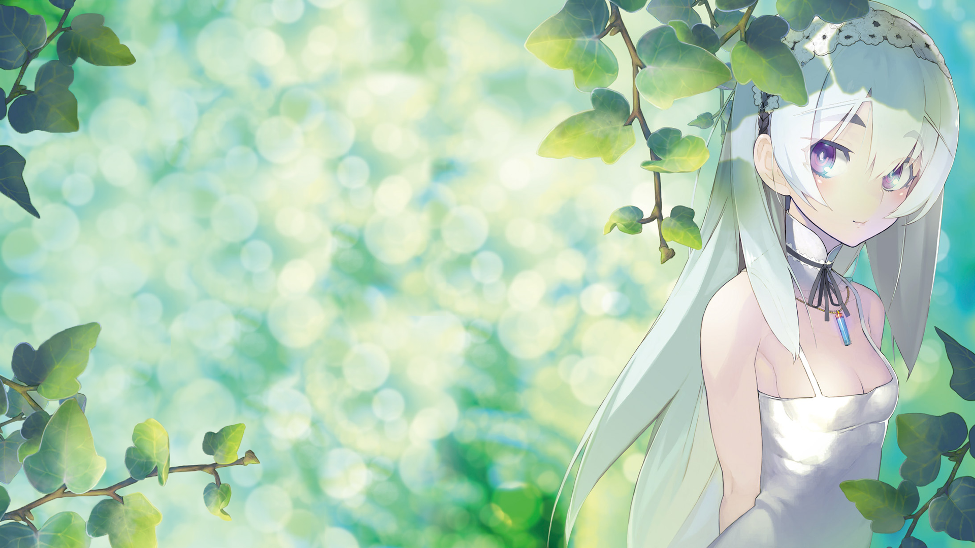 Anime 1920x1080 Hitsugi no Chaika Chaika Trabant anime girls anime twigs plants leaves long hair necklace women outdoors looking at viewer silver hair