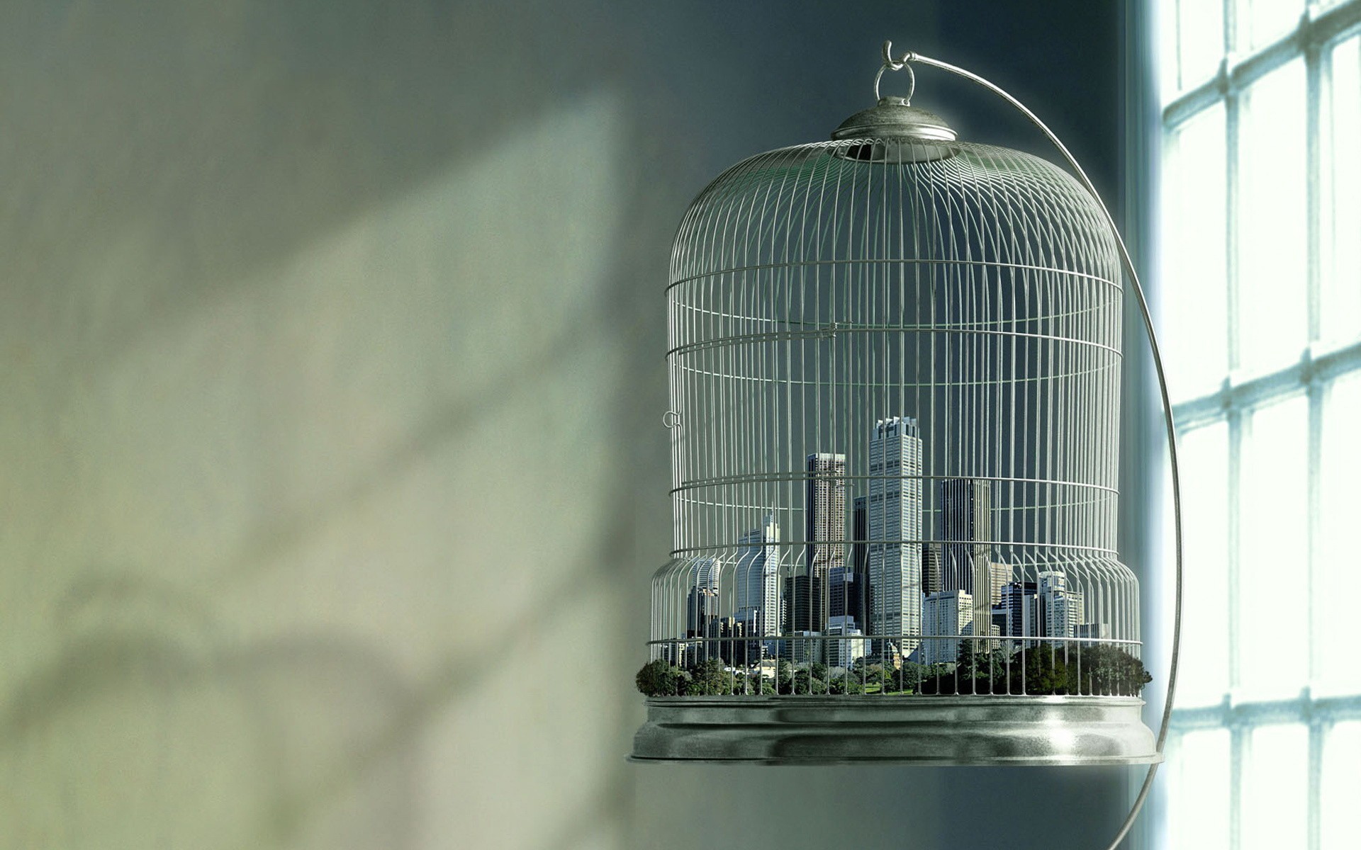 General 1920x1200 cages skyscraper digital art sunlight window city birdcage