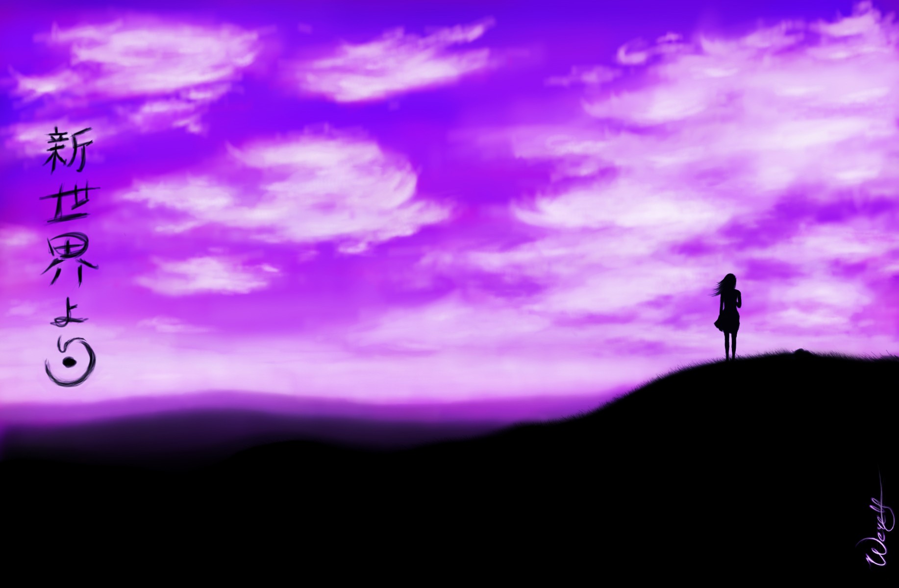Anime 1834x1200 landscape digital art Shinsekai Yori anime girls anime alone standing women outdoors purple sky sky clouds silhouette
