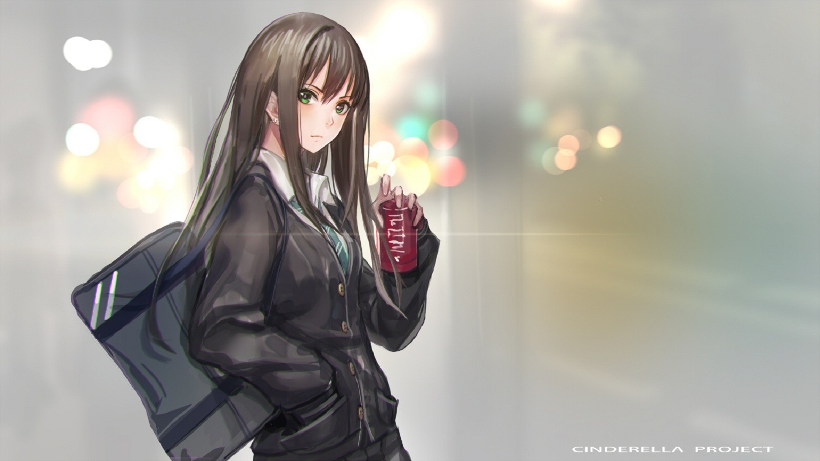 Anime 1600x900 anime girls Shibuya Rin THE iDOLM@STER: Cinderella Girls THE iDOLM@STER anime women green eyes Pixiv standing brunette looking at viewer long hair